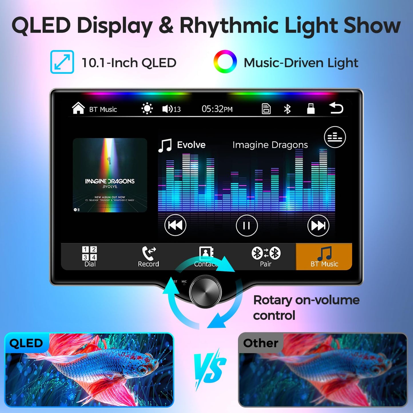 Kissound 10.1" QLED Double Din Car Stereo with Wireless Carplay & Android Auto, Music Sync Luminous Bar, SWC, Bluetooth, Backup Camera, 240W, Dual Subwoofer Output, Car Radio, Navigation, FM/AM