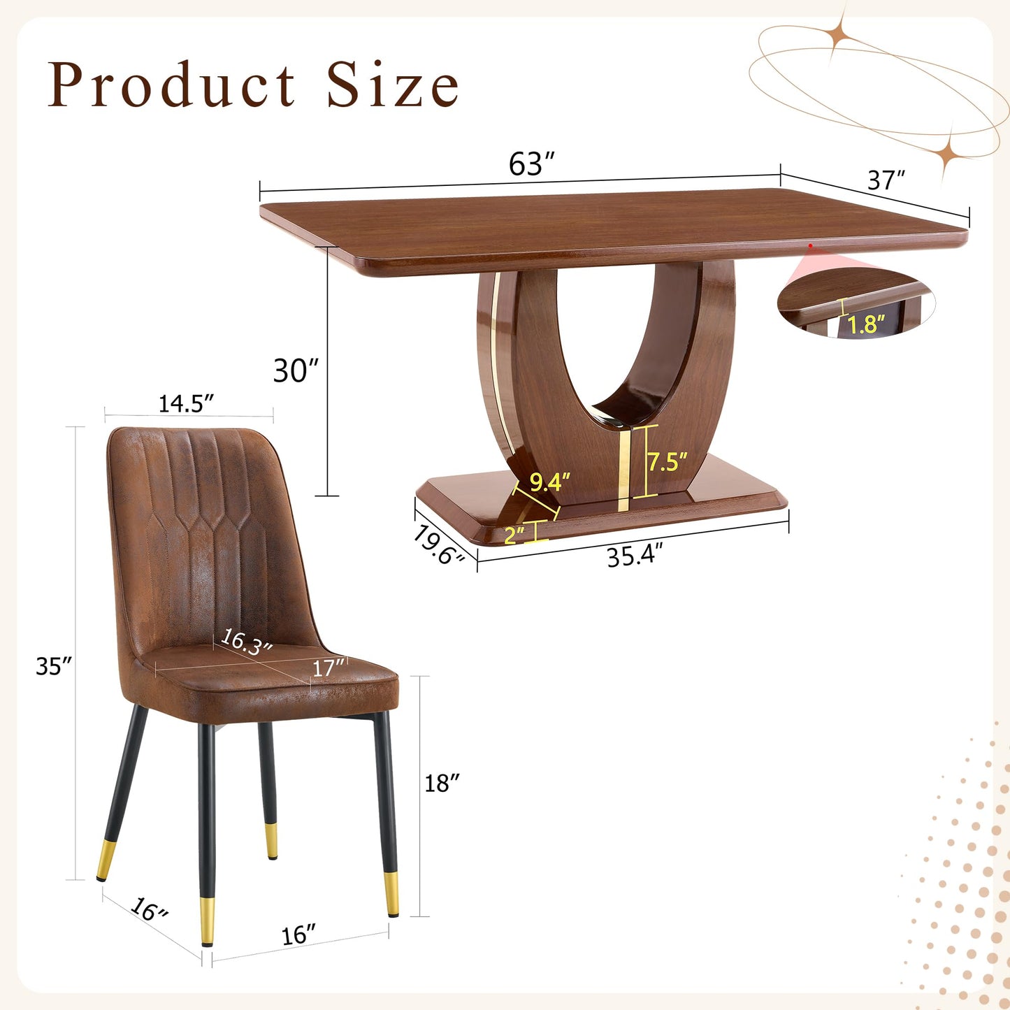 JUFU Modern Dining Table Set for 6, 63'' Kitchen Table Set with Faux Marble Tabletop and 4 PU Leather Upholstered 007 Brown Chairs, Dinner Table Set for 6, Ideal for Dining Room and Kitchen
