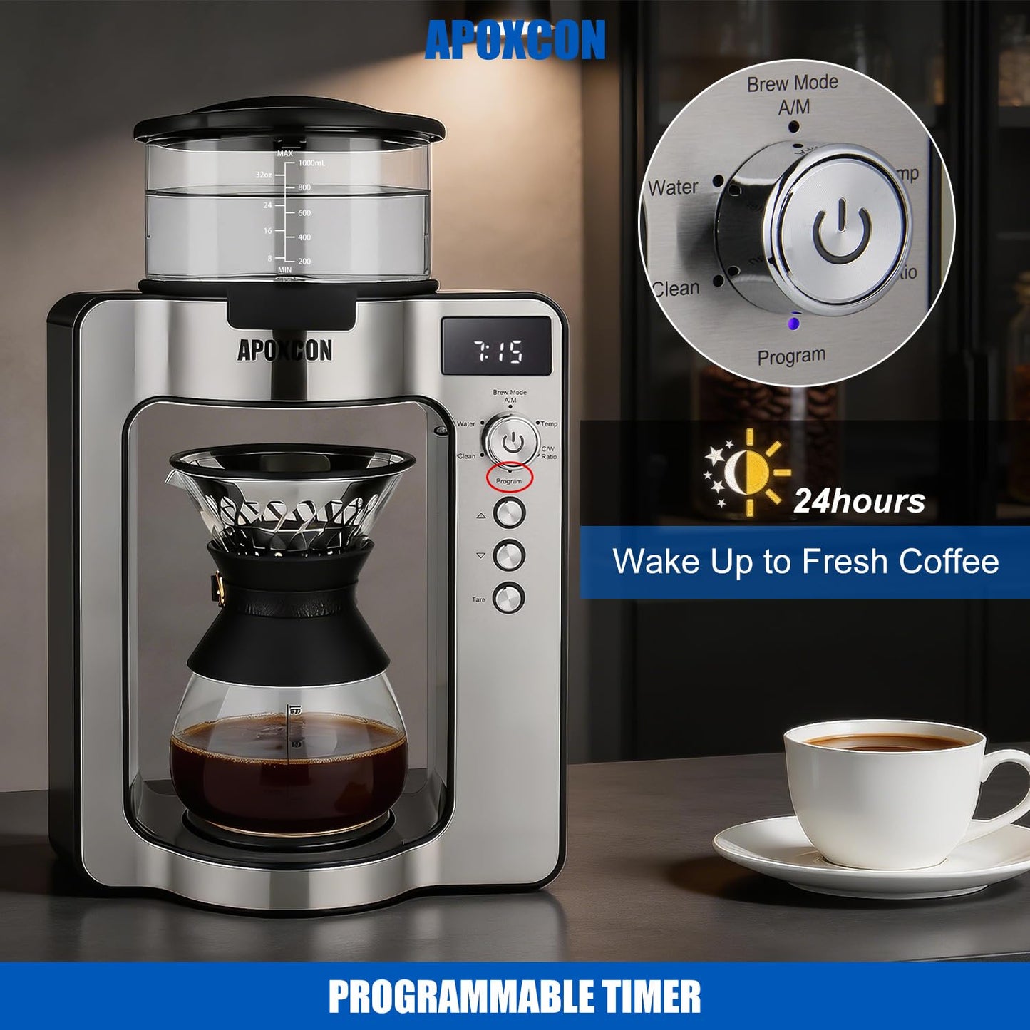 APOXCON Drip Coffee Machine with Carafe, Pour Over Coffee Maker with Auto & Manual Mode, 24-Hr Programmable Single-Serve Brewer, Built-in Scale, Stainless Steel Filter - 1L