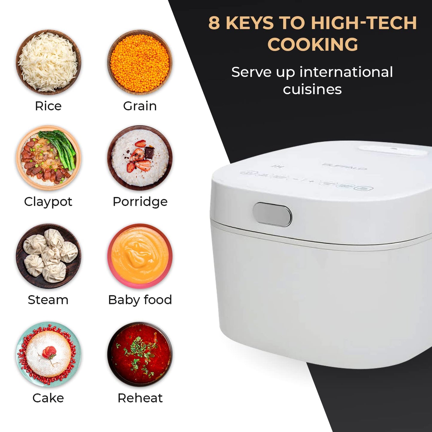 Buffalo SMART COOKER Induction Heating IH Rice Cooker and Warmer, 1 L, 5 cups of rice, Non-Coating inner pot, Efficient, Multiple function, White (5 cups)