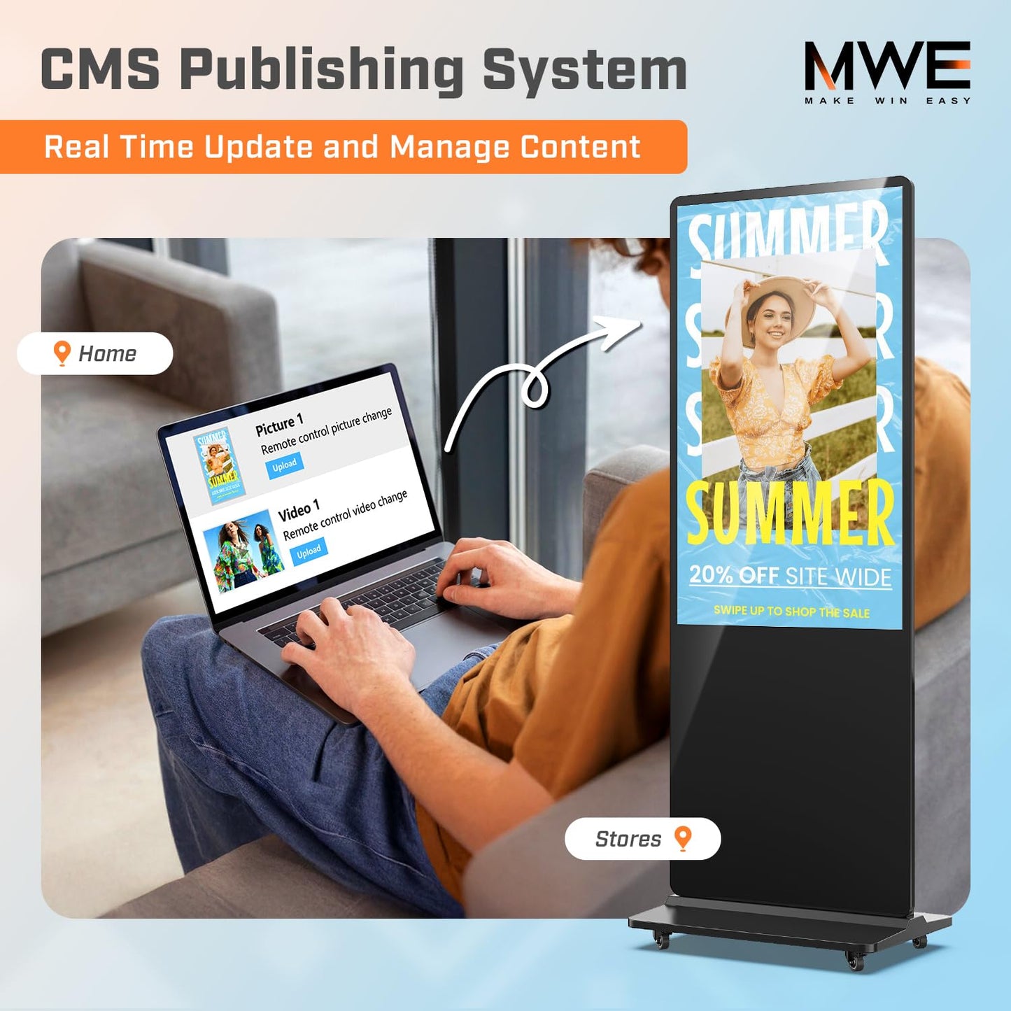 QIXZOCV MWE 37 Inch Indoor Digital Signage Display Kiosk LCD Standing Commercial Poster Multimedia Advertising Display Totem with USB/HDMI/WiFi