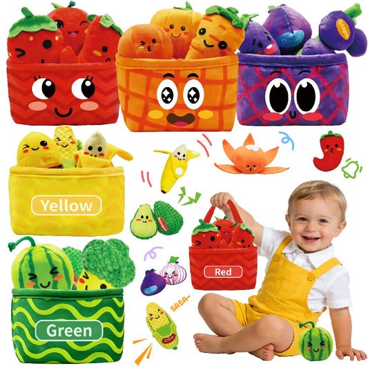 Play Food for Toddlers 1-3, Plush My First Fruit Vegetables Basket Color Sorting Rattle, Squeaker & Crinkle Play Food Set for Kitchen Baby Sensory Toys Easter Basket Stuffers Birthday Gifts 20PCS