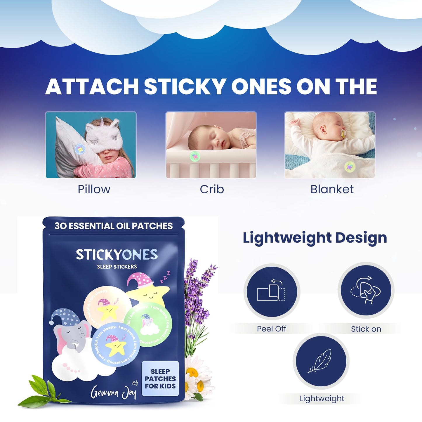 Gemma Joy Bedtime Baby Soothers & StickyOnes Sleep Patches - Cry Activated Heartbeat Puppy Plush Toy, Stuffed Animal with Calming Light & All-Natural, No Melatonin Bedtime Patches for Kids and Baby