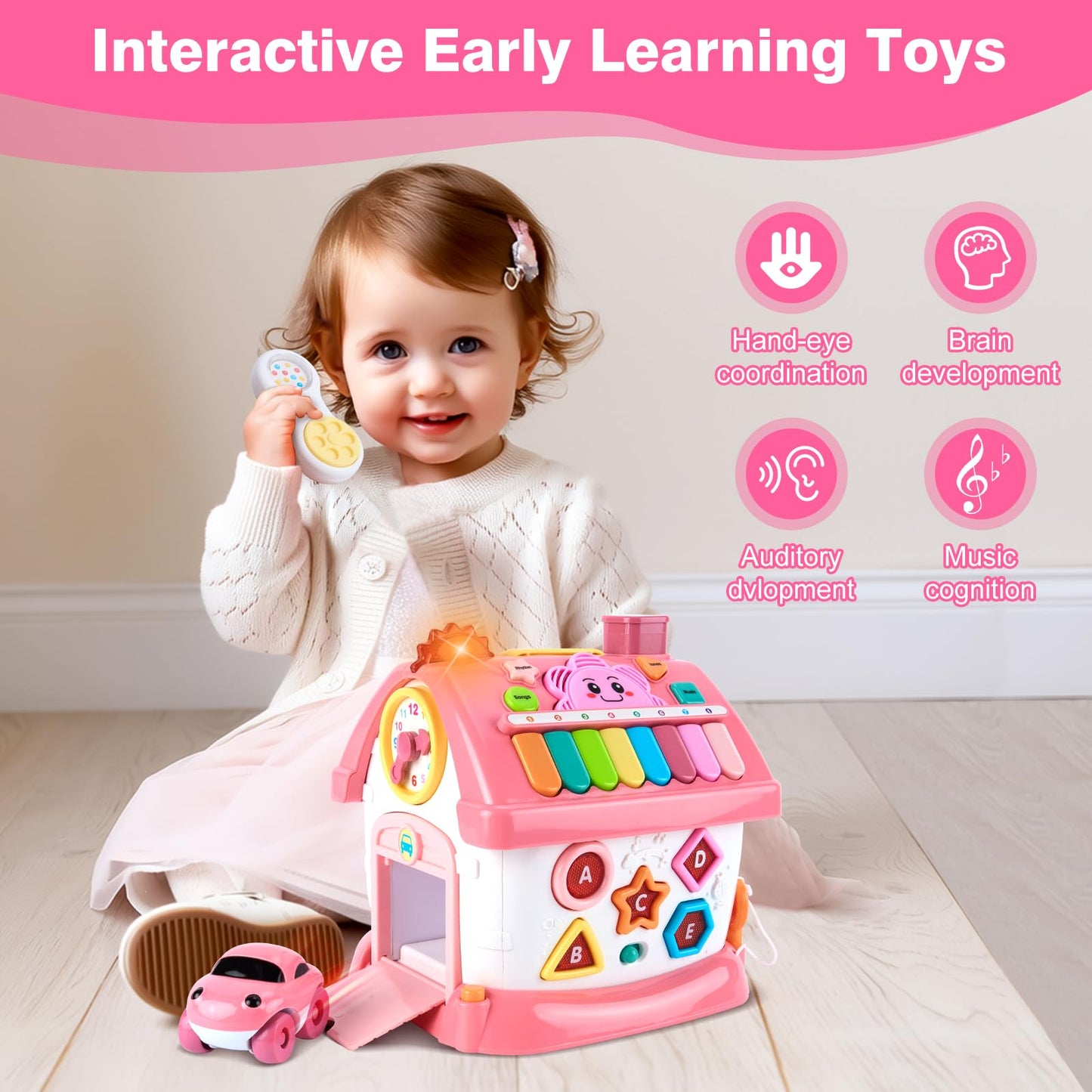 DELUTIQUE Toddler Girl Toys for 1 Year Old, Montessori Toys for 1 Year Old Girl Birthday Gift, 8 in 1 Pink Baby Musical Learning House with Sound Light Music, Creative Gifts for Baby 12 18 Months