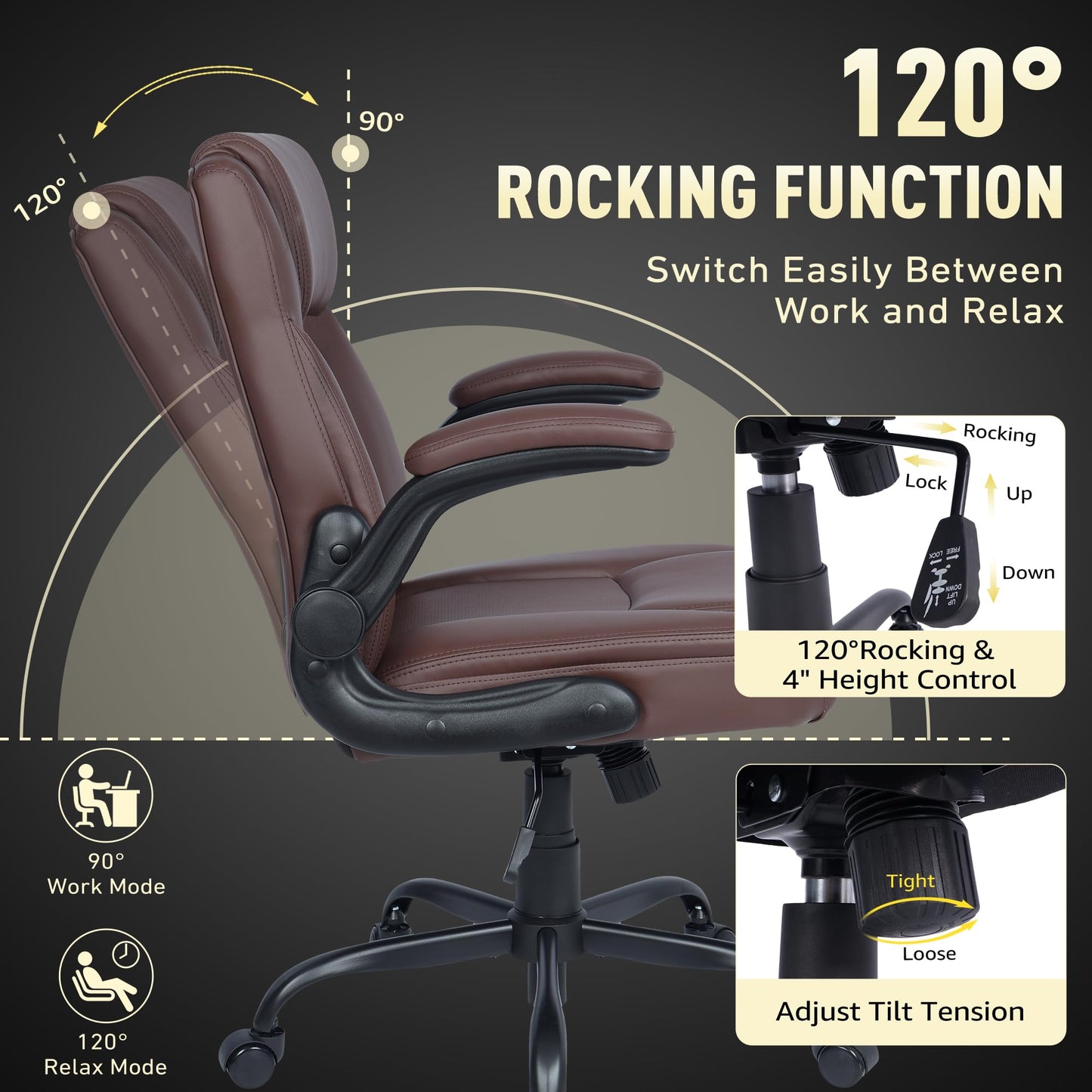 EGSEAT Home Office Chair with Lumbar Support, 5" Thickened Seat, Small PU Leather Rocking Desk Chair, Comfy Computer Chairs with Rolling Wheels & Adjustable Armrests for Adults, Brown