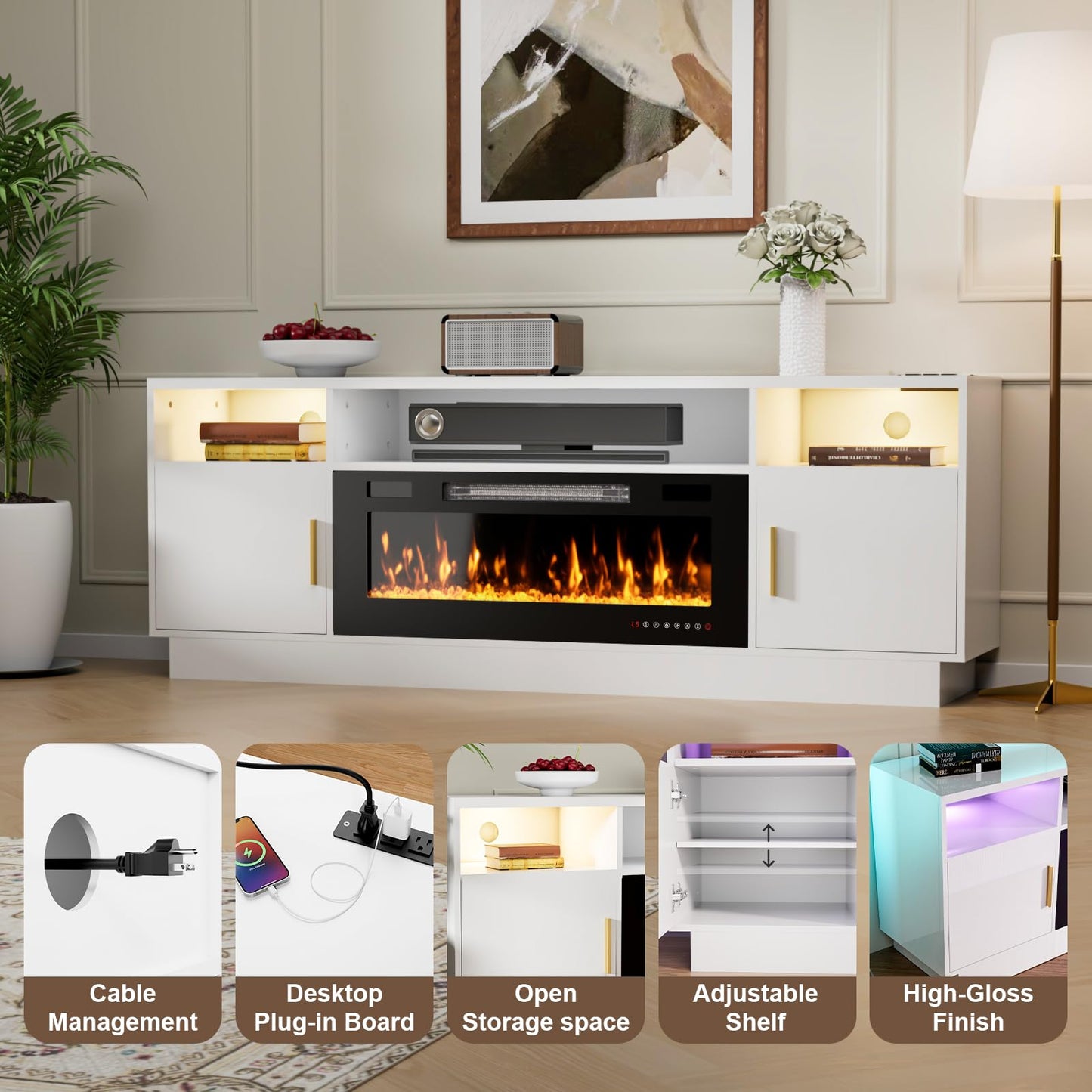 BREEZEHEAT TV Stand with Fireplace-Fireplace TV Stand for 75+ inch TV, LED Entertainment Center for Living Room w/ 36" Fireplace Inserts, TV Console with Cabinet, Power Outlets, Remote Control,White
