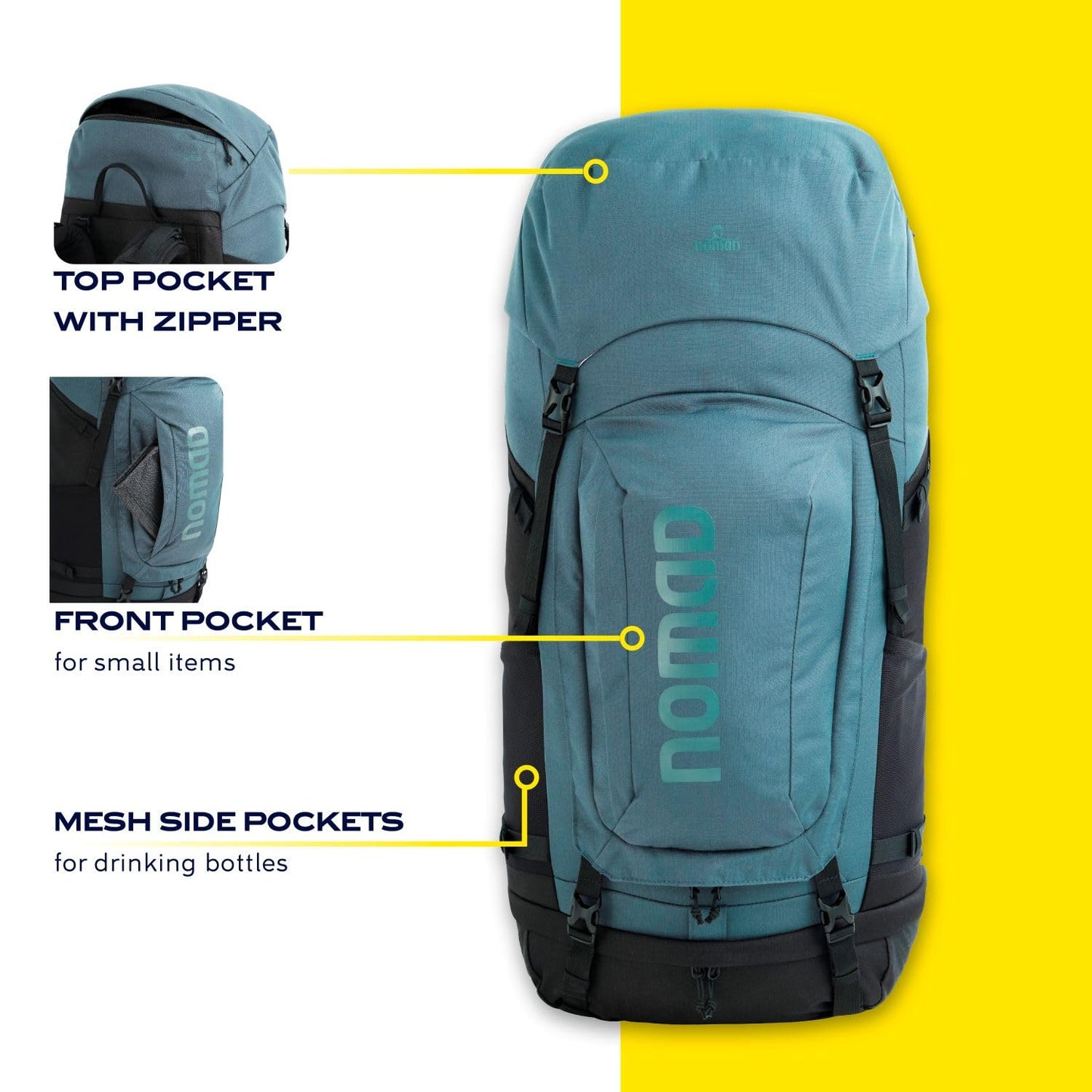 NOMAD Batura Backpack - Premium 70L Pack with Rain Cover Included | Lightweight Rucksack for Traveling, Hiking, Camping, Outdoor Sports (Steel Blue)