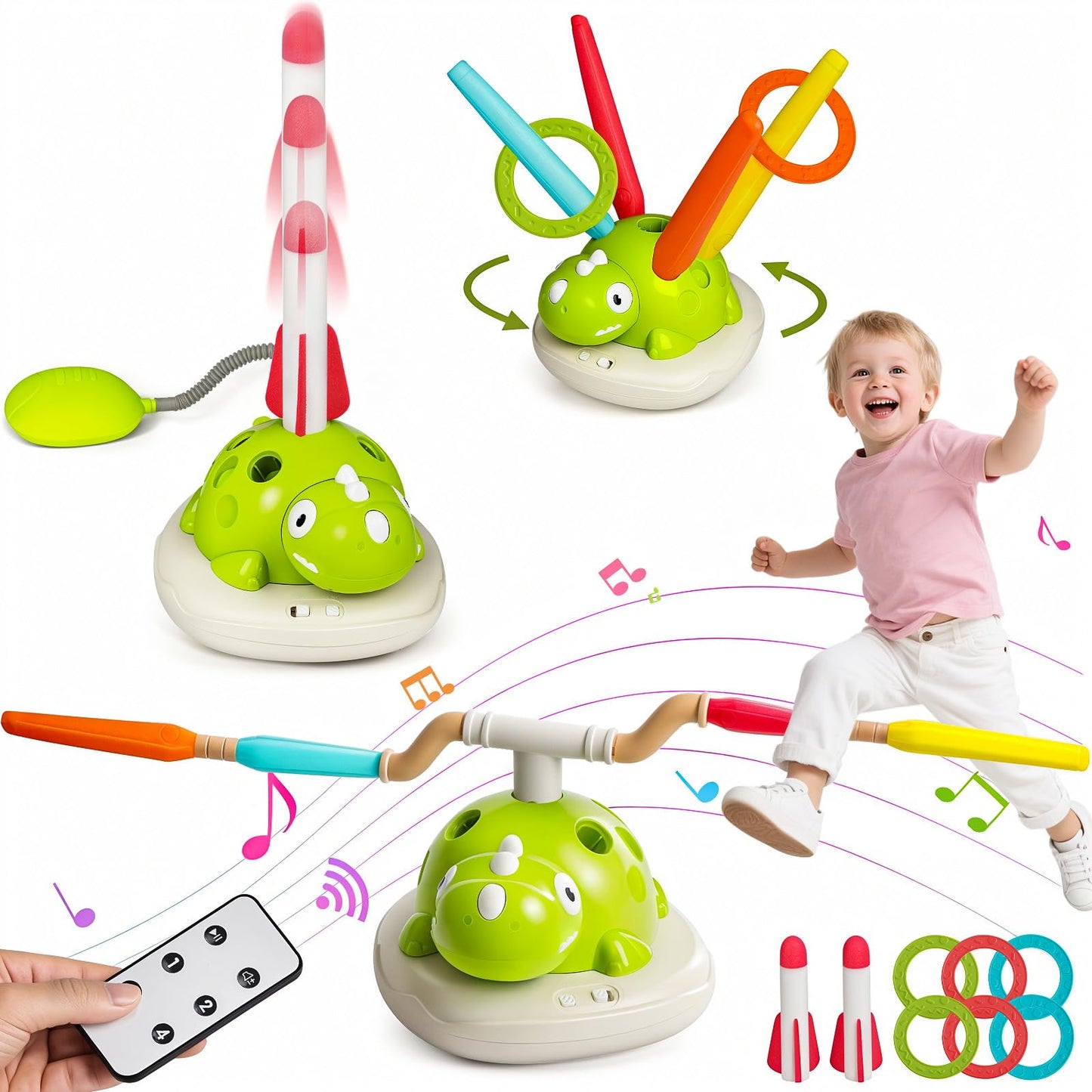 3 in 1 Musical Jump, Toss Ring Game and Stomping Launch Rocket with Storage Bag, Remote Control Outdoor Toys for Kids 3-6 Exercise Jump Gross Motor for Toddlers Indoor/Yard Game Gift for Boys Girl 4-8