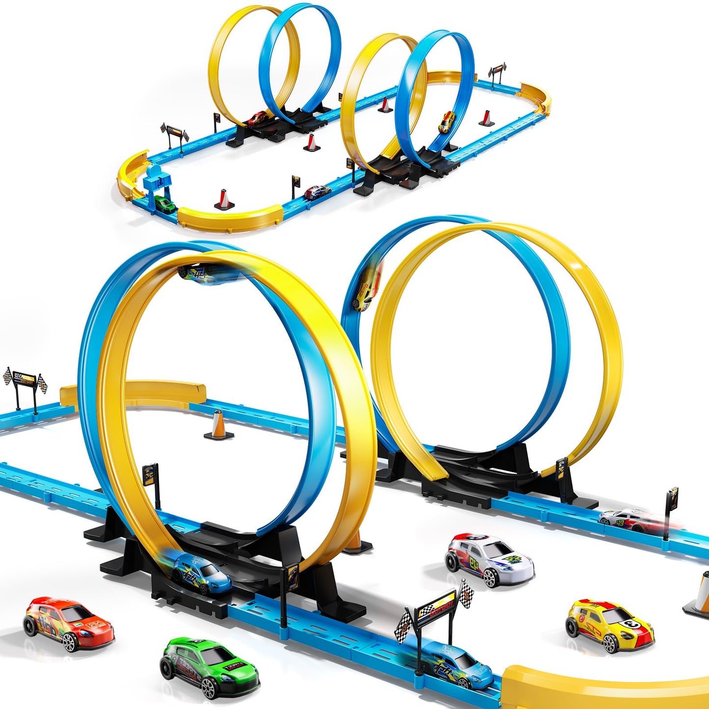 LILYBUDS Toy Car Race Track Set for Boys Kids Age 3-5 4-7, Race Tracks with 4 Crash Zones and 1:64 Scale High-Speed Slot Cars, Christmas Halloween Birthday Gifts Toys for Toddlers Boys 4-8 8-12 Years