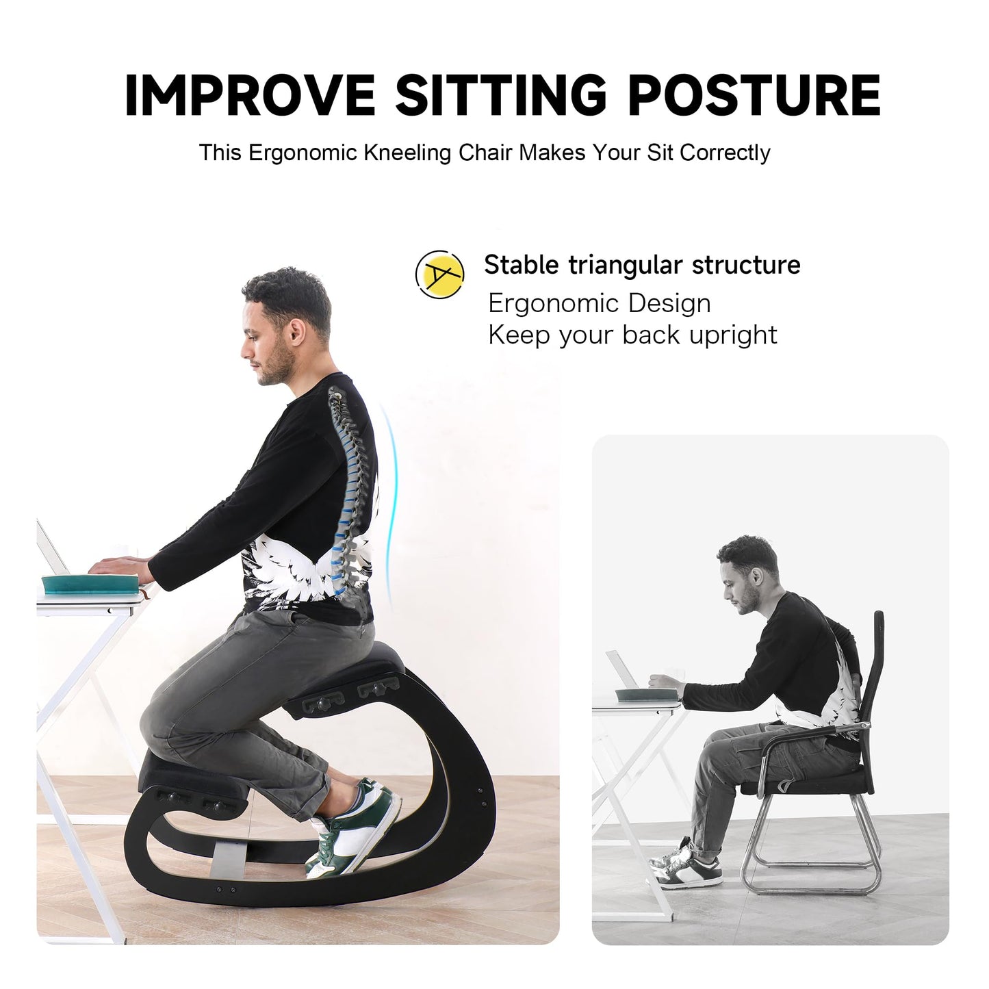 Adjustable Kneeling Chair, Wooden Ergonomic Chair Knee Chair Posture Chair - Improve Your Posture with an Angled Seat for Home,Office (Cylindrical Black)