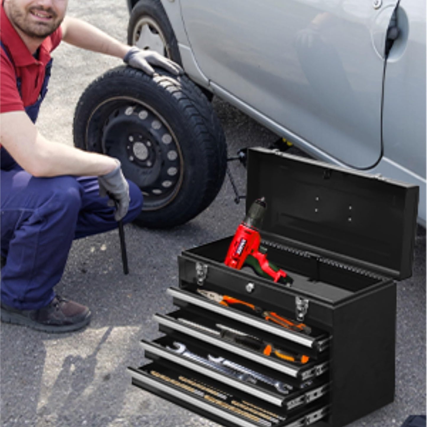 Portable Metal Tool Box with 4 Drawers - Heavy Duty Steel Tool Chest with Lock & Latch Closure for Garage, Warehouse, and Outdoor Repairs - Black