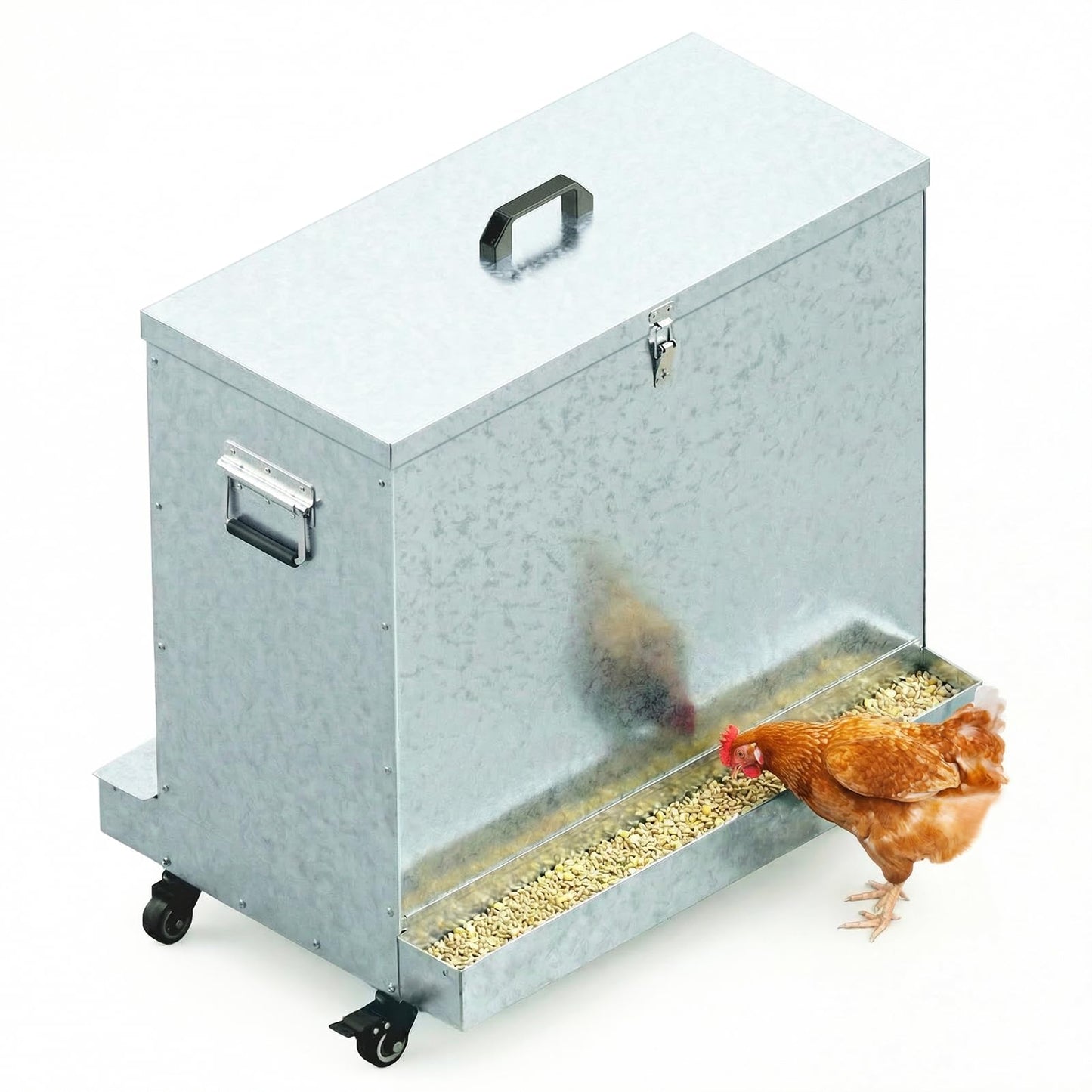 Magicfly Metal Chicken Feeder with Wheels, 85-120LBS Automatic Large Capacity Chicken Feeders No Waste Poultry Feeder with Oyster & Grit Trough, Latch & Handle for Ducks, Turkeys & Chickens