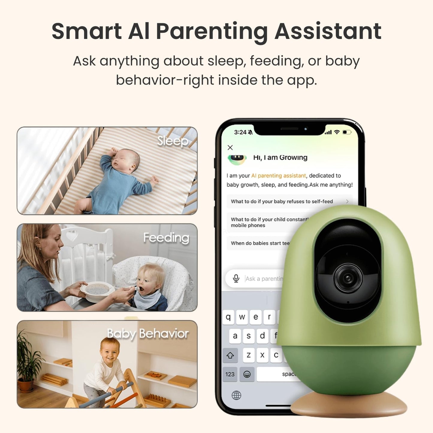 MONAI WiFi Baby Monitor with Camera and Audio, Covered-Face/Sleep/Cry Alerts, Virtual Safety Fence, AI-Powered Smart Baby Monitor with 3K FHD, Night Vision, Local Storage & Cloud Backup, Crib Mount