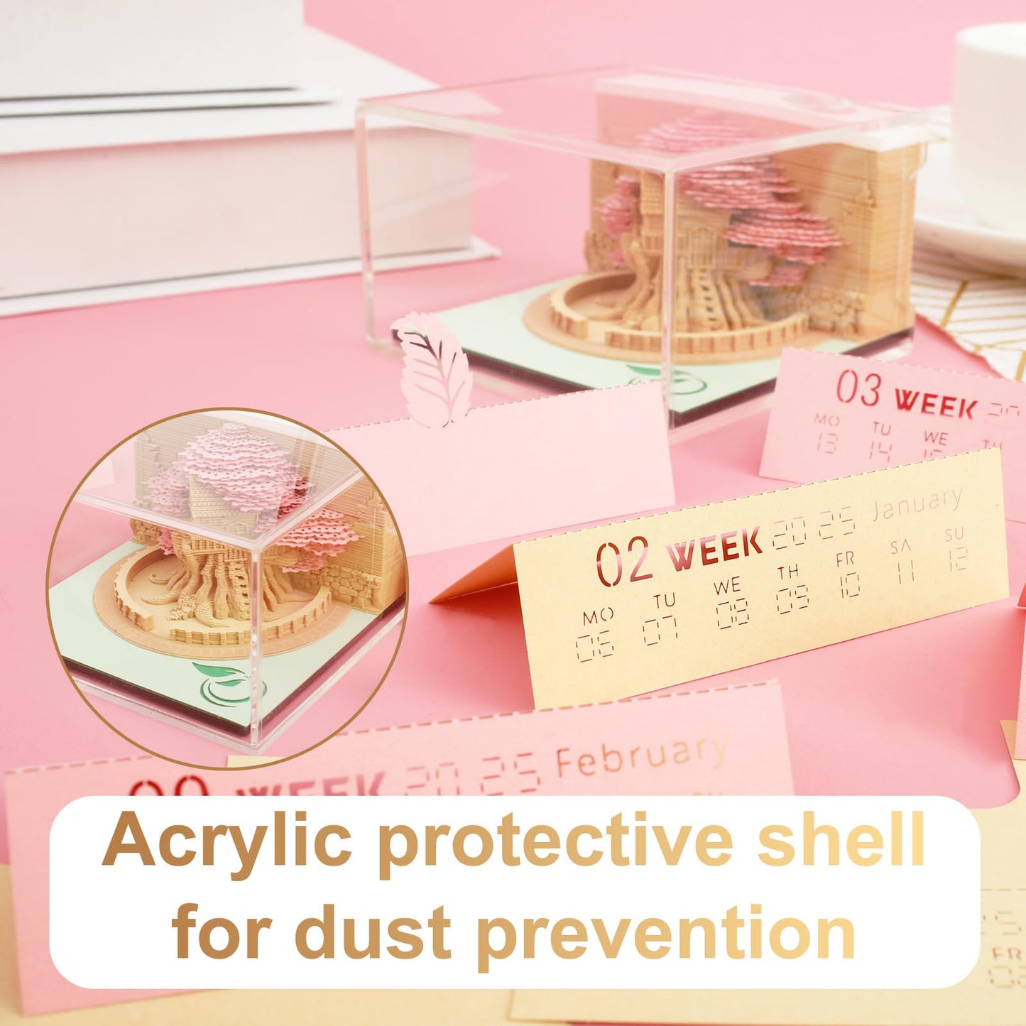 LAINIUTE 3D Art Calendar Memo Pad 2025, Desktop Decor with Light, Time Piece Calendar 2025, Weekly Tearable Paper Sculpture Calendar for Christmas Desktop Decoration (Pink Tree House Ornament)