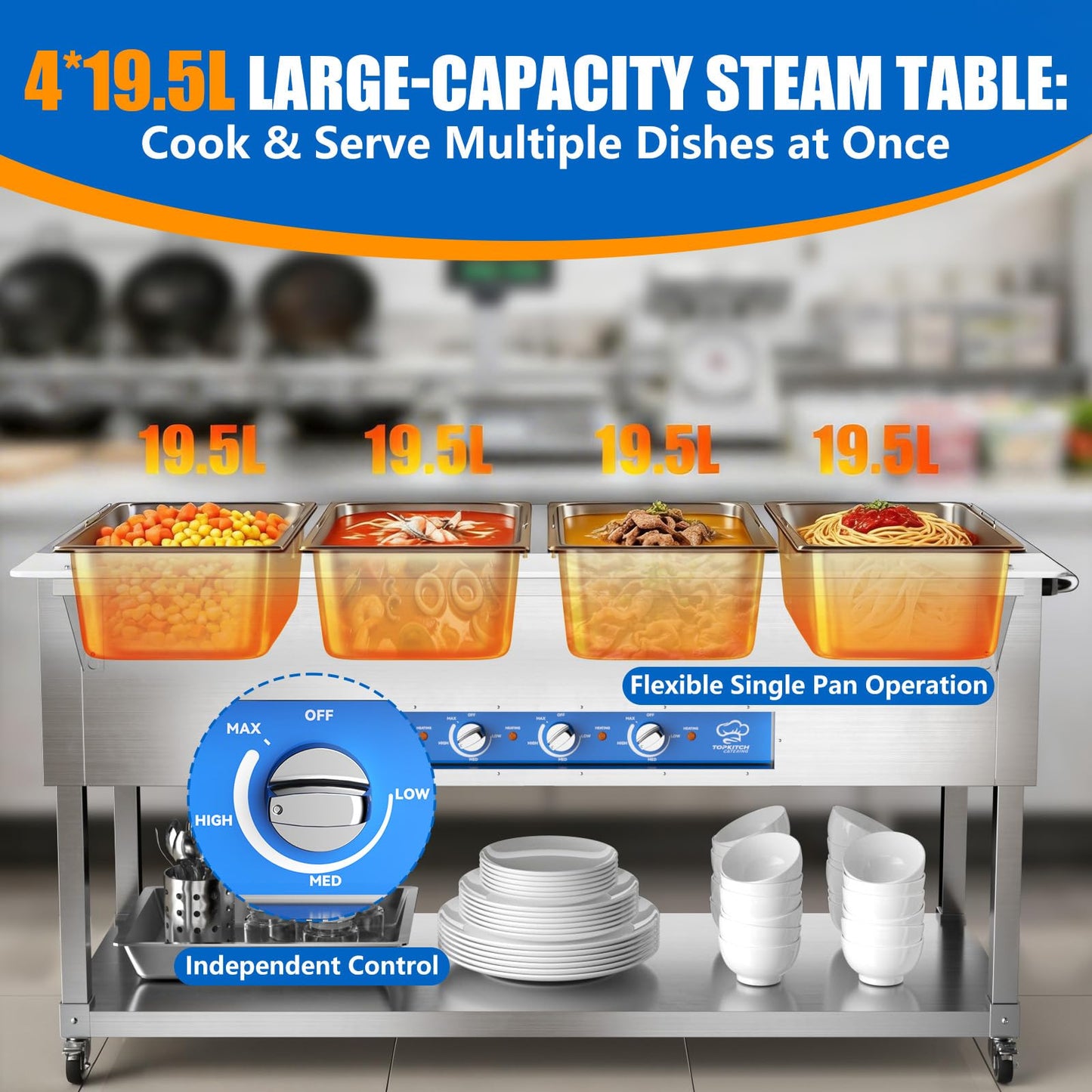 TOPKITCH Commercial Electric Food Warmer Soup Station - 4 Independent 19.5L Pans with German EGO Thermostat, Rolling Stand with Adjustable Shelves for Restaurant, Catering, Party