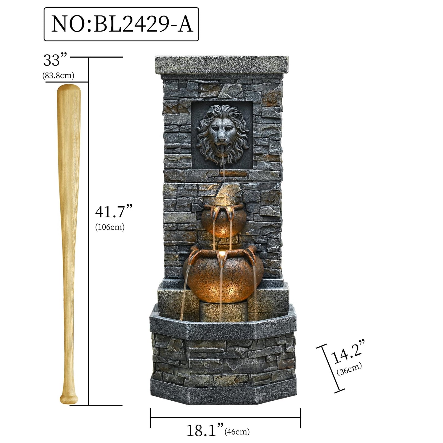 42'' Outdoor Garden Floor-Standing Water Fountain Lion Head Stone with Lights Outdoor Waterfall for Patio, Backyard, Deck, Porch and Home Art Decor
