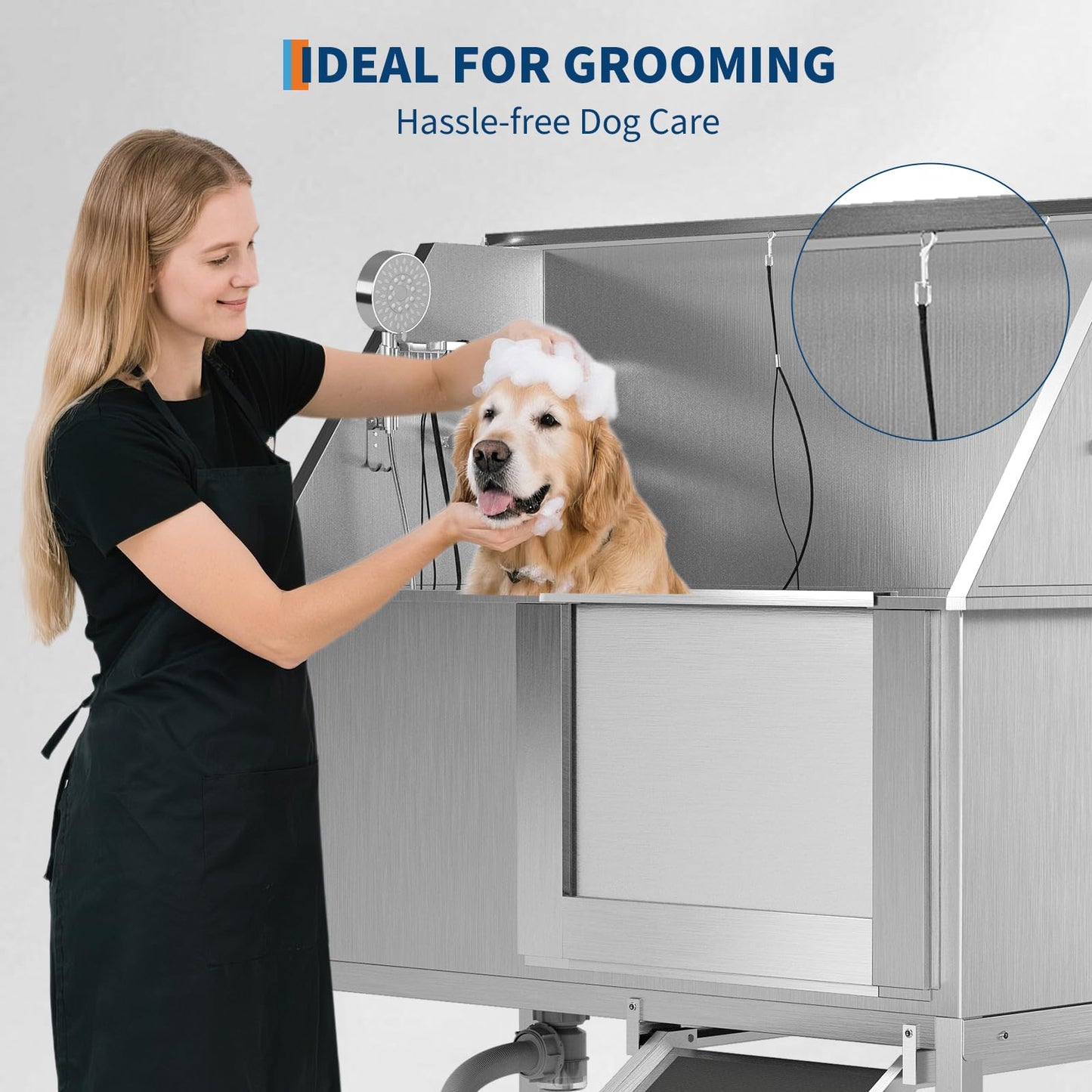 PeacefulHues 50 Inch Dog Washing Station, Stainless Steel Dog Bathtub with Left Ramps, Pet Dog Bathing Station with Floor Grate, Professional Dog Grooming Tub for Large, Medium, Small Pets