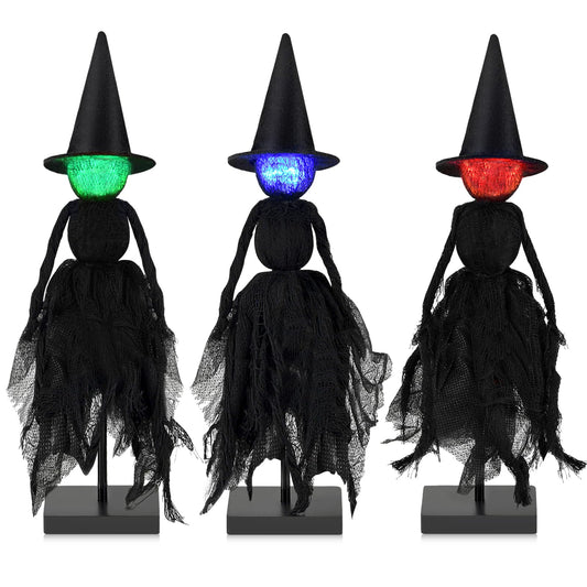 Halloween Decorations Indoor, Set of 3 Lighted Primitive Witch with Hat, Spooky Black Witches Figurines LED Lights Standing Table Decor Scary Table Centerpieces Tiered Tray Decor Shelves Mantels Home