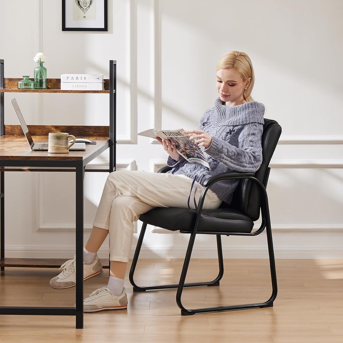 Sweetcrispy Waiting Room Guest Chair Set of 6, Leather Stationary Office Reception Chairs No Wheel, Comfy Padded Arms and Seld Base, for Conference Room Lobby Home Desk Bedroom Elderly, Black