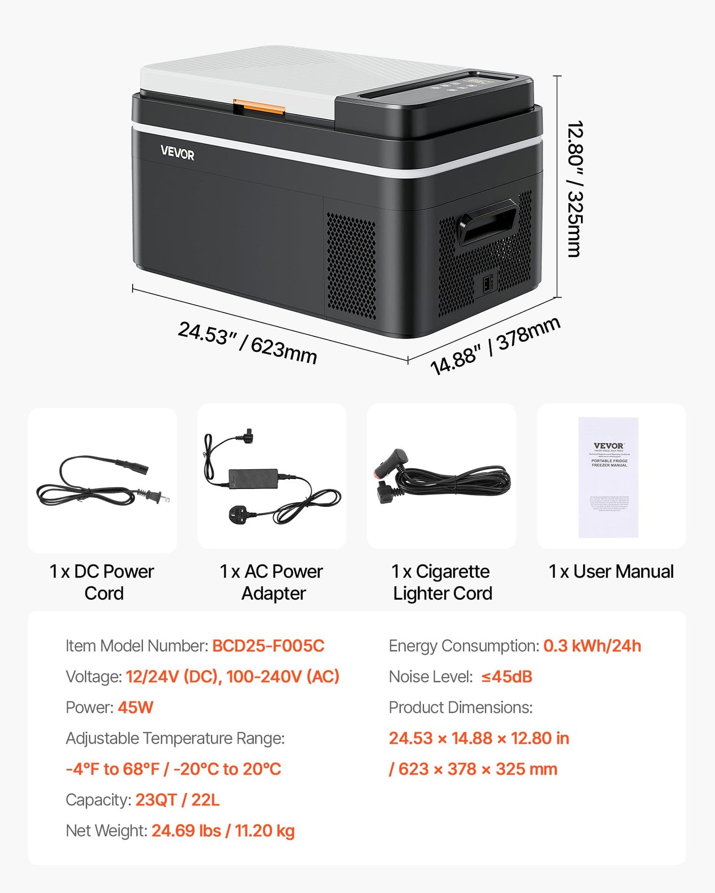 VEVOR Car Refrigerator, DC 12/24V AC100-240V Compressor Electric Cooler, -4°F to 68°F Car Fridge with APP Control, 23 QT Cars Freezer for RVs, Campsites, Boats, Camping, Fishing, 45W Portable Freezer
