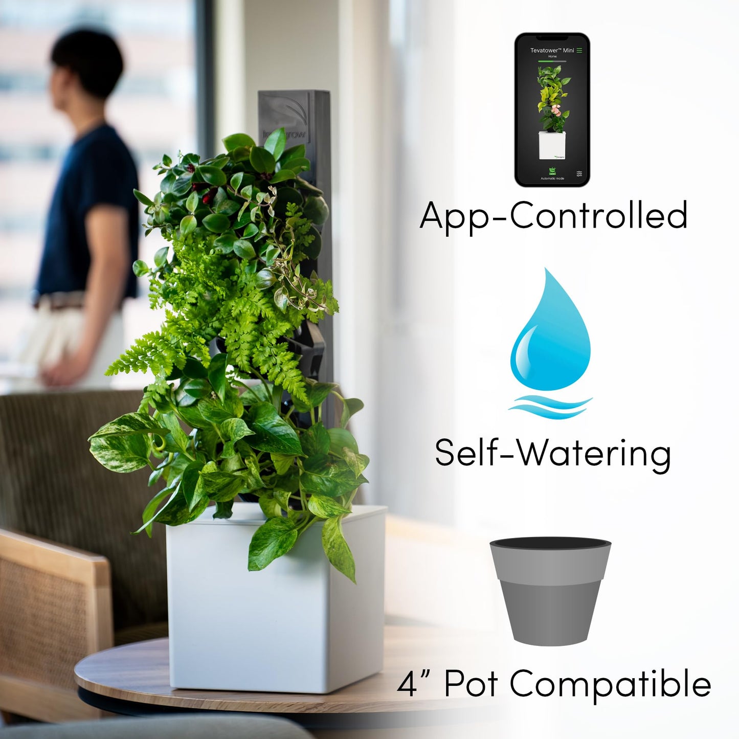 Tevatower Mini Smart Indoor Garden System, 4 Inch Pot Modern Self Watering Planter for Flowers, Indoor Plants, Plant Therapy, Sustainability, Fresh Herbs and Home Growing (Slate Grey)