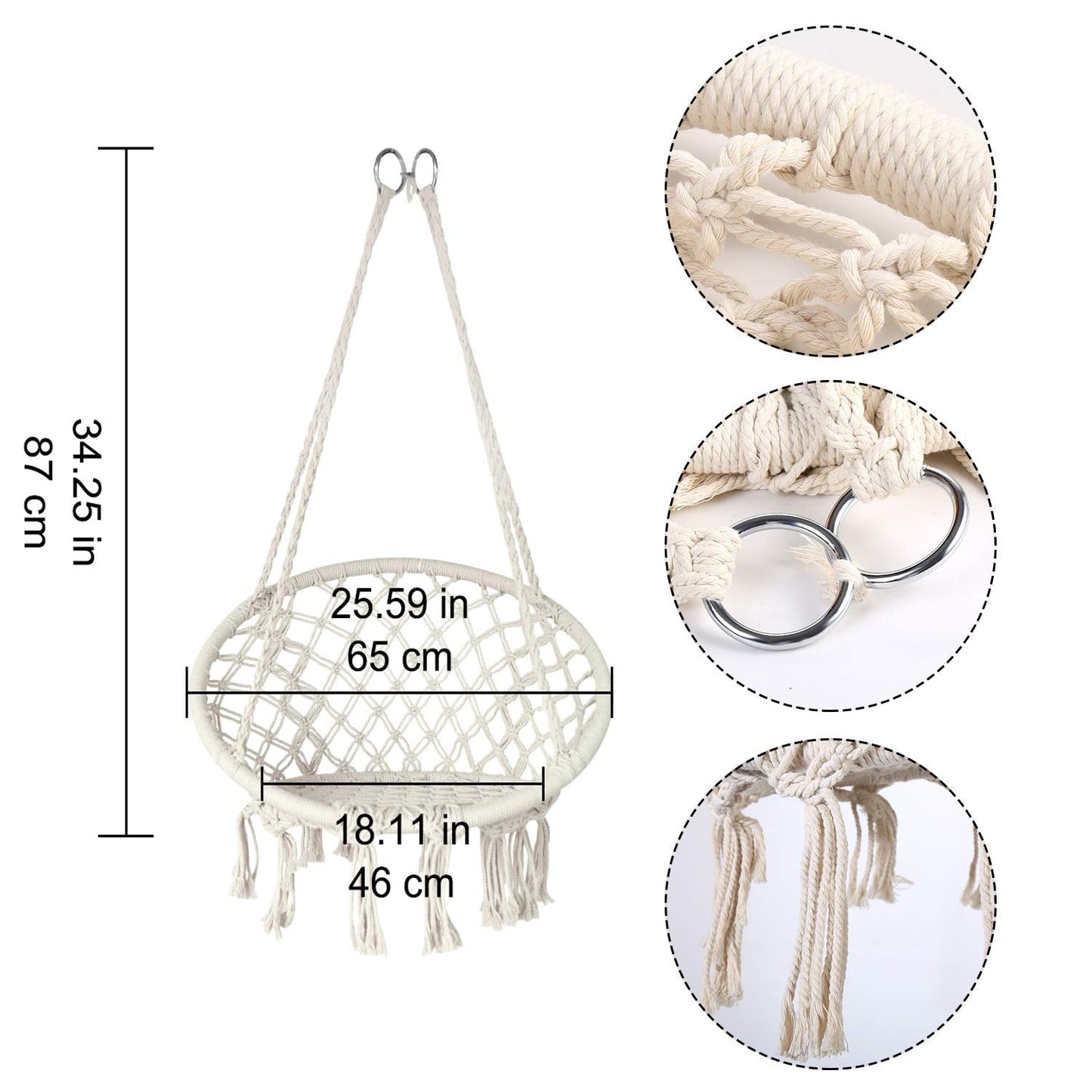 Mertonzo Hammock Swing Chair for 2-5 Years Old Kids,Handmade Knitted Macrame Hanging Swing Chair for Indoor,Bedroom,Yard,Garden- 230 Pound Capacity Off-White- with Suspension Kit