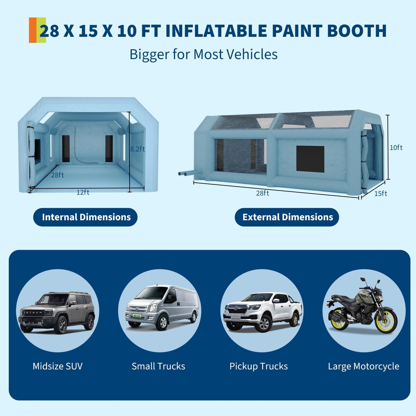 28x15x10 FT Inflatable Paint Booth, 950+950W Dual Powerful Blowers Spray Booth Tent, Large Car Painting Tent for DIY Spray Car Motorcycle Garage Furniture Part Painting, Blue