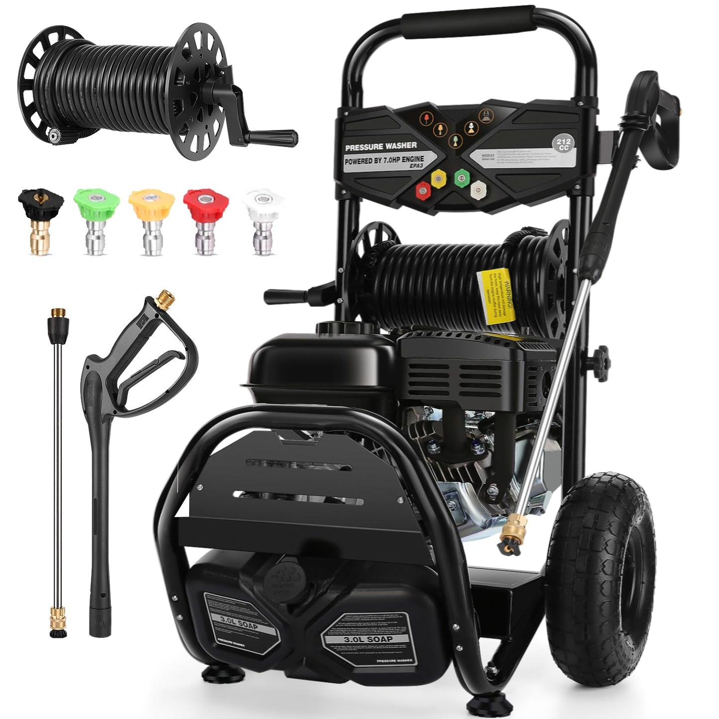 Professional 4200PSI 4GPM 212CC Gas Pressure Washer, 7.0 HP Commercial Gas Power Washer with 3L Foam Bottle 10" Wheels 5 Nozzles 33FT Hose for Home Car Fence Driveway Yard (EPA/CARB/ETL Compliant)