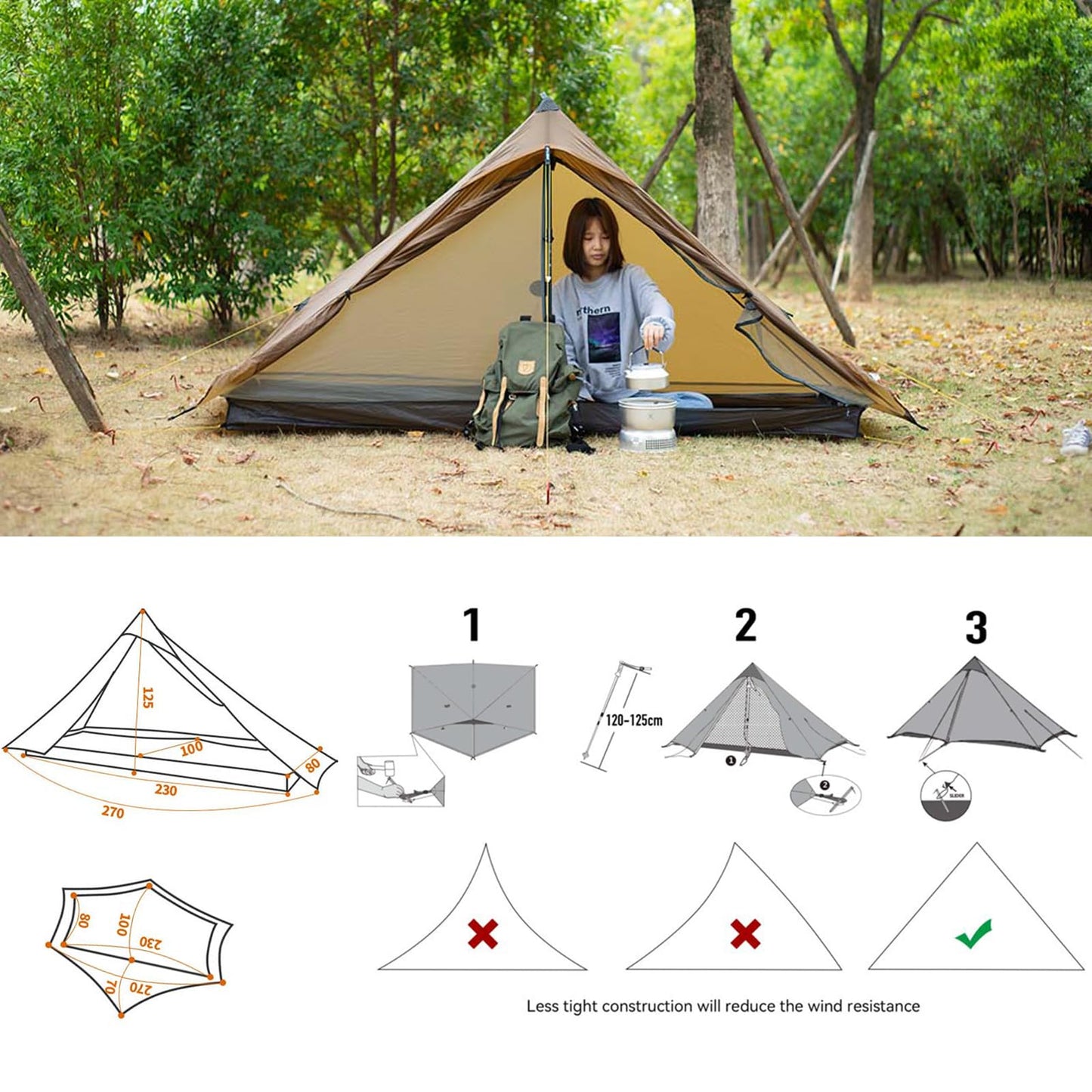 ROOMEDAL 3F UL Gear Lanshan PRO Lanshan Ultralight Tent 3 Season Backpacking Tent for 1 Person, Waterproof Professional Tents for Camping, Trekking, Kayaking, Climbing, Hiking