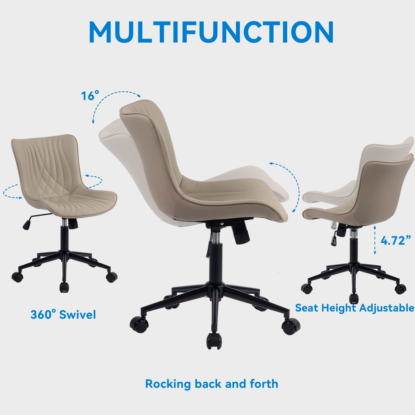 YOUNIKE Office Chair, Desk Chair with Wheels, Home Office Computer Task Chairs, Modern Faux Leather Padded Vanity Chair, Adjustable Swivel Armless Office Chairs with Back, Khaki