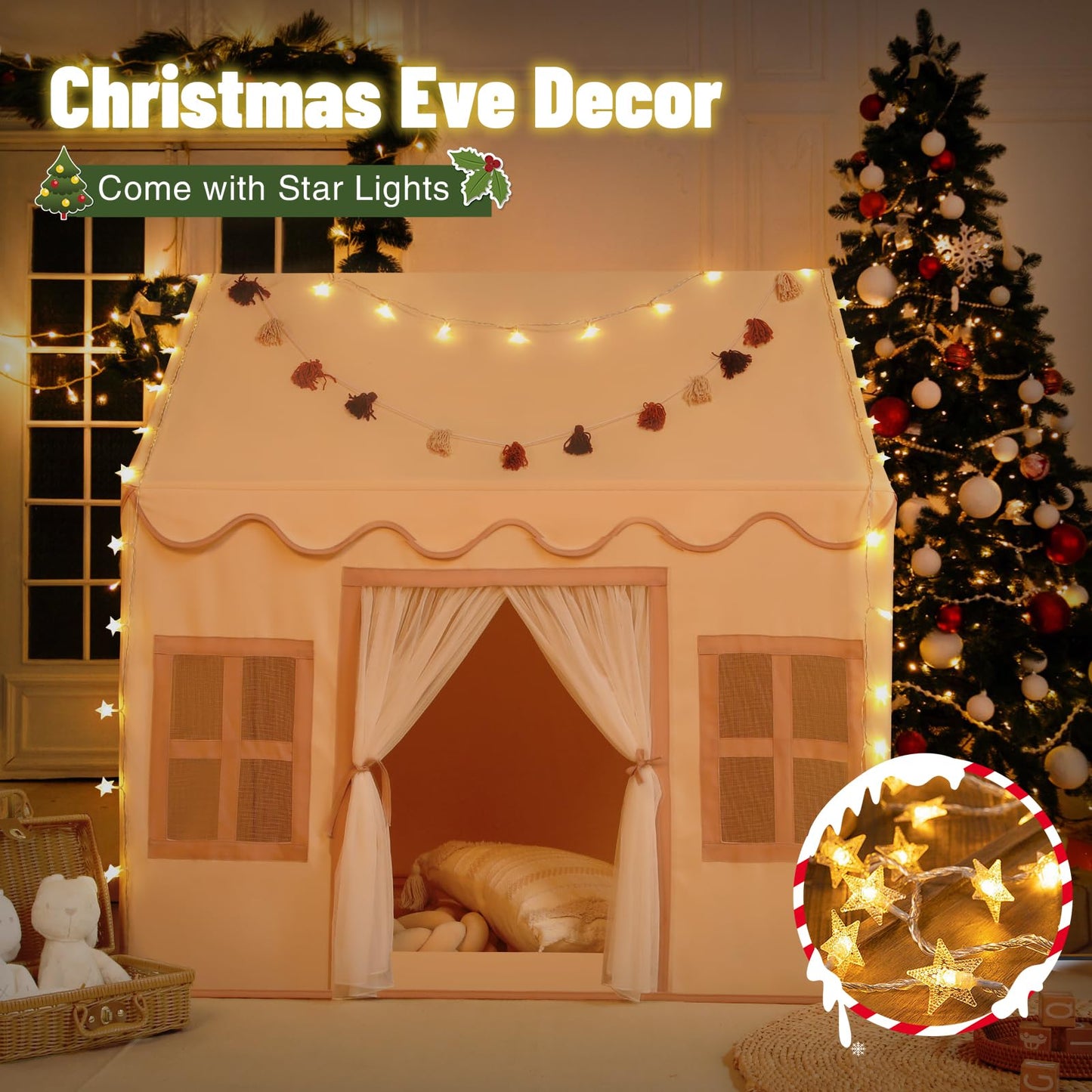 Senodeer Kids Play Tent Indoor: with Mat, Tassel Garland, Star Lights - Girl Tent Indoor Playhouse for Kids Toys for Boy Girl Birthday Gift