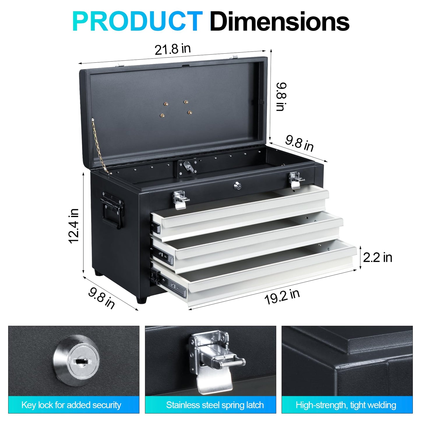 Cityeagle 3 Drawers 22" Portable Metal Tool Box, Heavy Duty Toolbox with Double Locking System & Unique Built-in Drawer Lock, Tool Chest Organizer for Workshop, Garage, DIY Office Storage