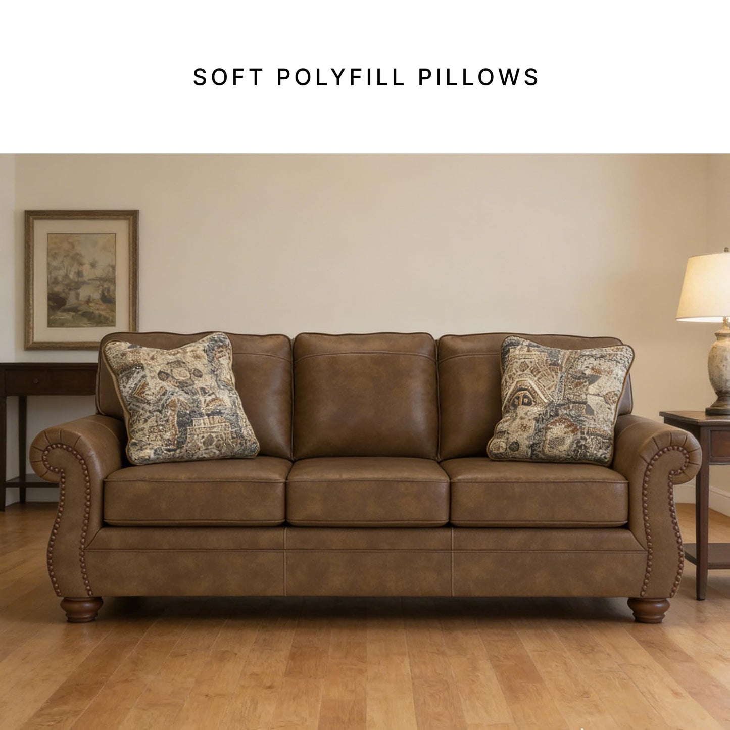 Signature Design by Ashley Shadsburne Rustic Faux Leather Sofa with Nailhead Trim and 2 Throw Pillows, Brown