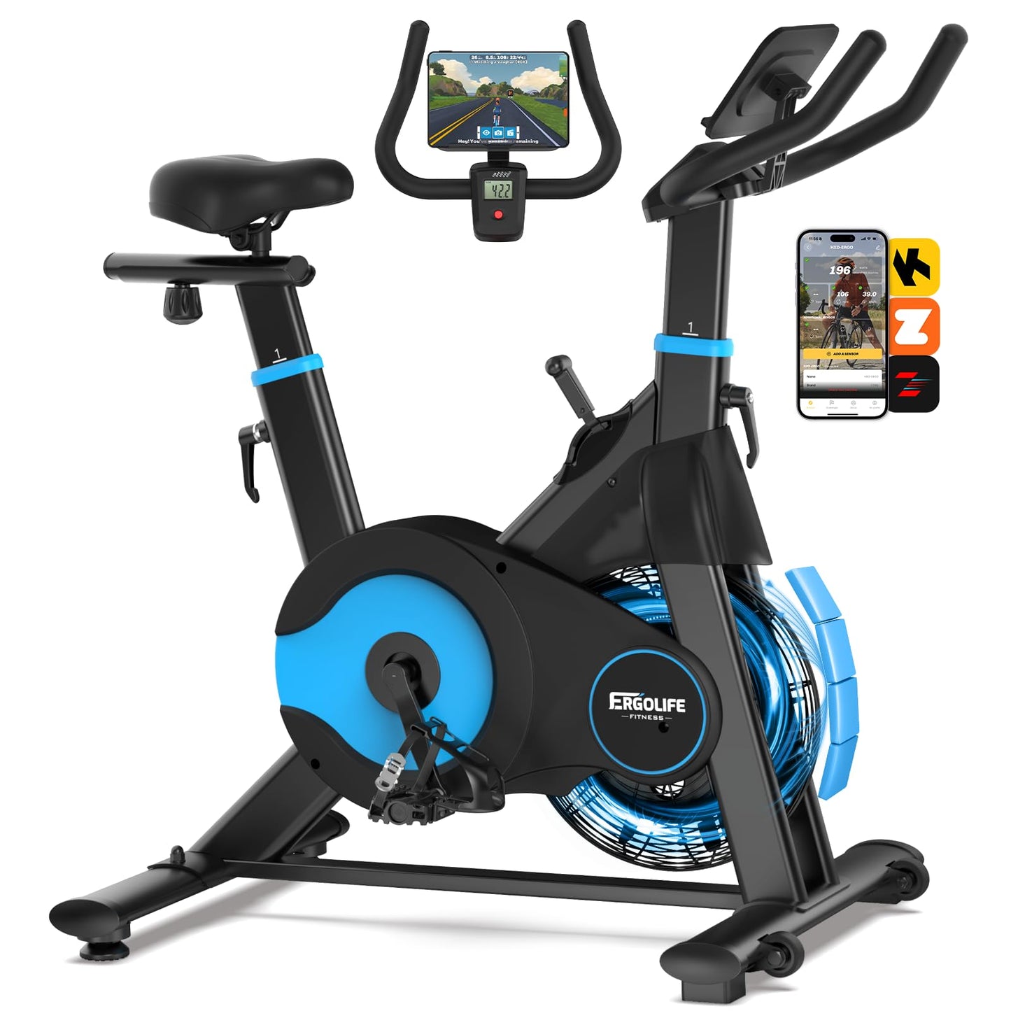 ERGOLIFE Air + Magnetic Resistance Exercise Bike, Stationary Fan Bike with Exclusive App, 8 Resistances Indoor Cycling with 300lbs Weight Capacity & Tablet Holder for Weight Loss