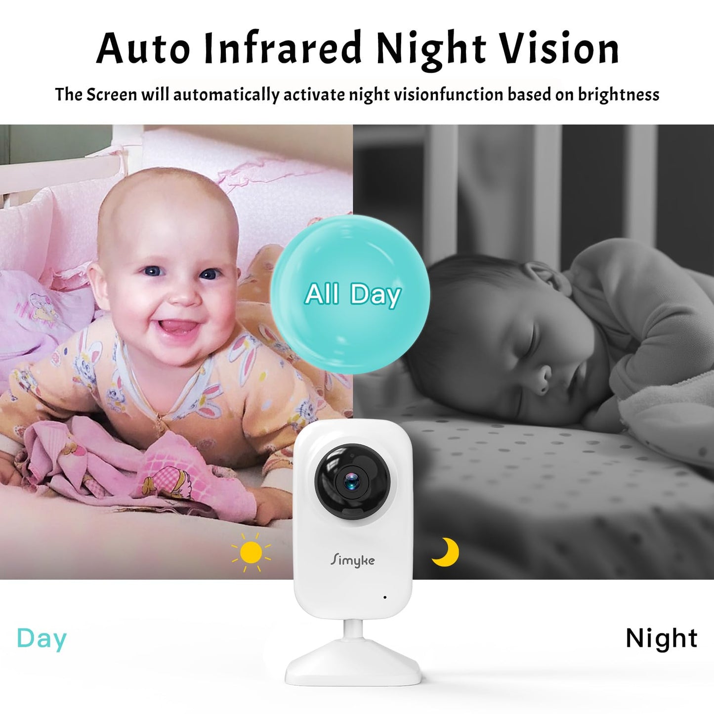 Simyke Video Baby Monitor Add-on Camera Compatible with BME28 Baby Monitor,Night Vision,1200ft Long Range,2 Way Talk,Auto Night Vision,App or Add Display Control,5 Lullabies Feeding Remind,Home Use
