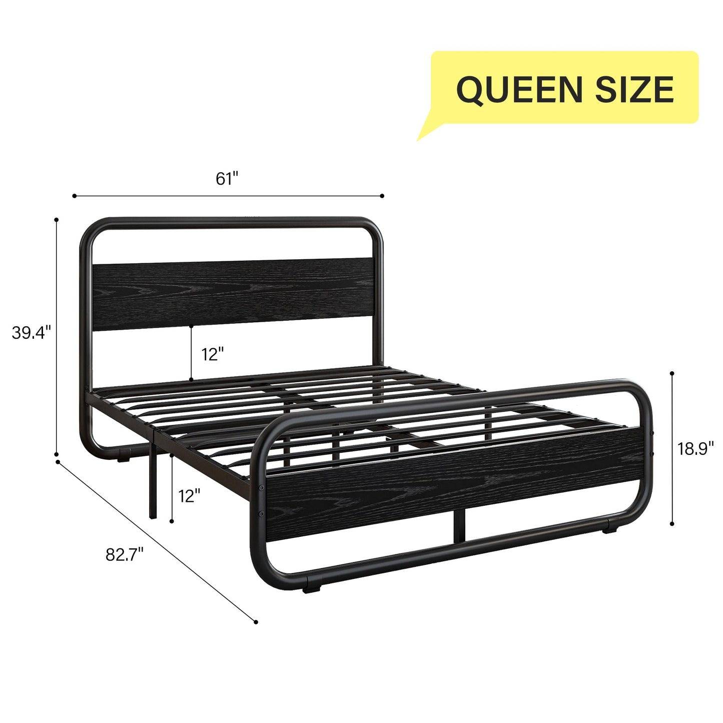 Catrimown Queen Bed Frame with LED Lights, Heavy Duty Metal Rustic Platform Bed Frame Queen Size, with Headboard, Under Bed Storage, Noise Free, No Box Spring Needed, Black