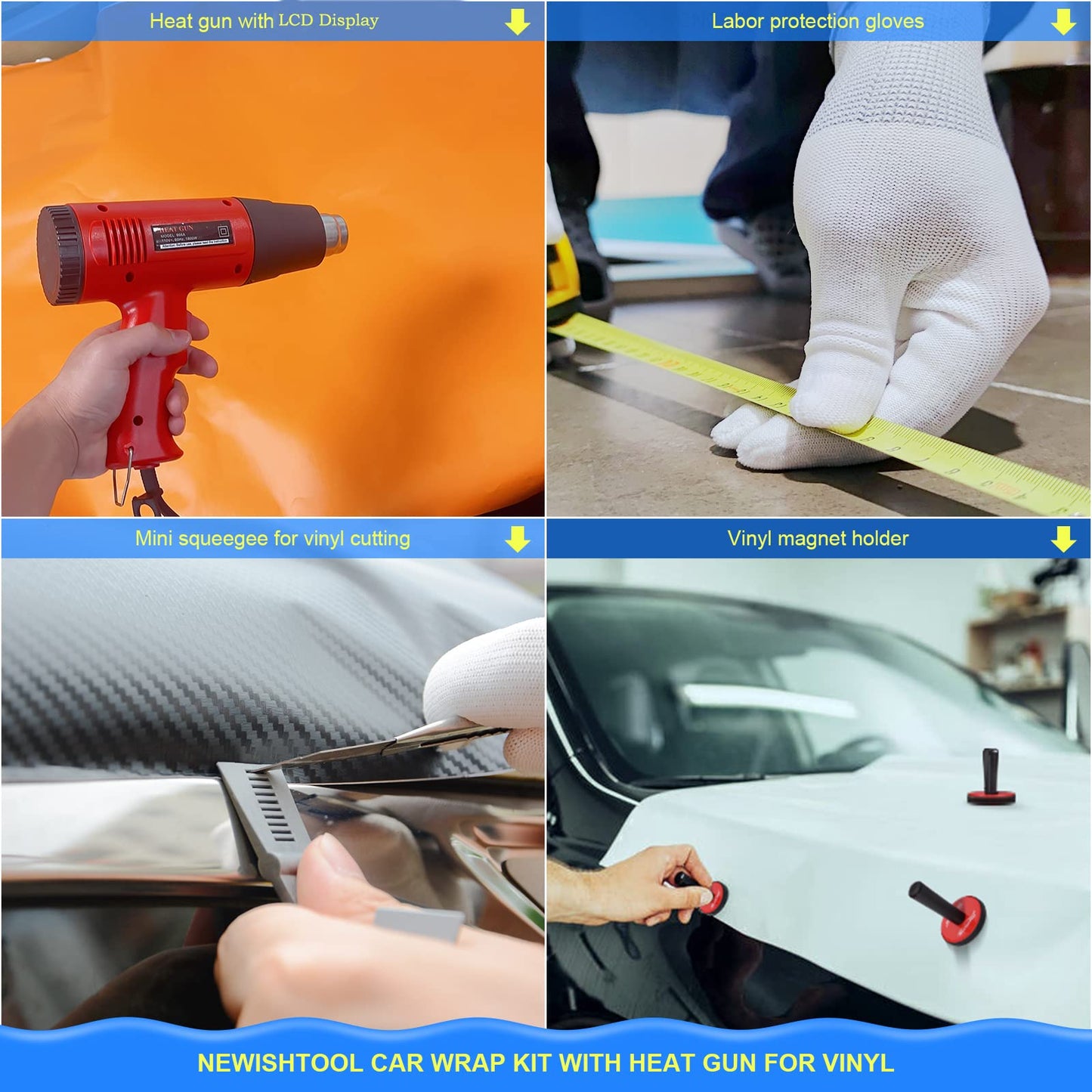NEWISHTOOL Vinyl Wrap Tool Kit with Heat Gun, Car Wrap Kit, Felt Squeegee, Tucking Squeegee, Gloves, Magnets Holder, Window Tint Tools for Car Film Installation