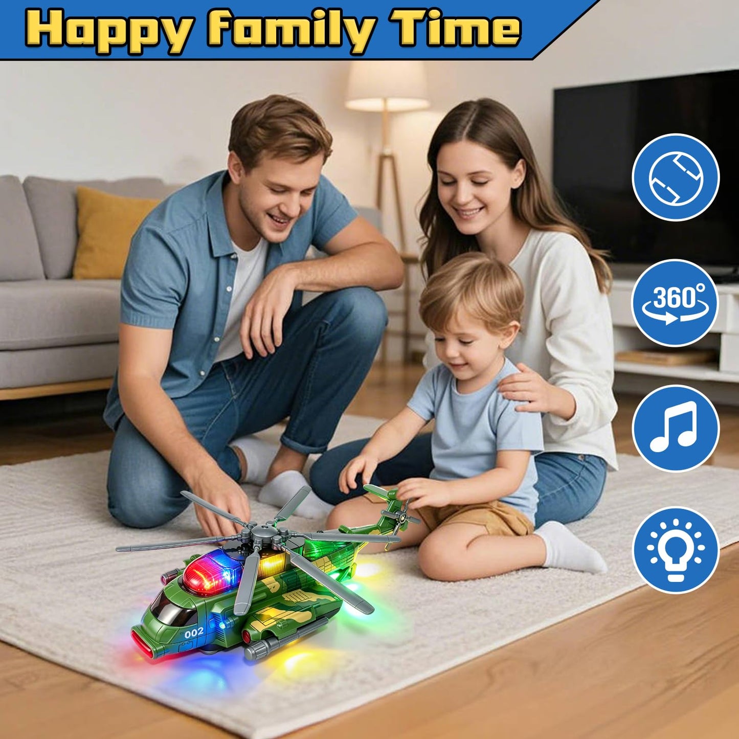 Hymaz Helicopter Toy for Kids 3-5 4-7, Army Military Plane Toy with Lights and Music, 360° Rotating, Bump and Go Airplane Toys for Boys Girls Toddlers Indoor Play Birthday Easter Gifts