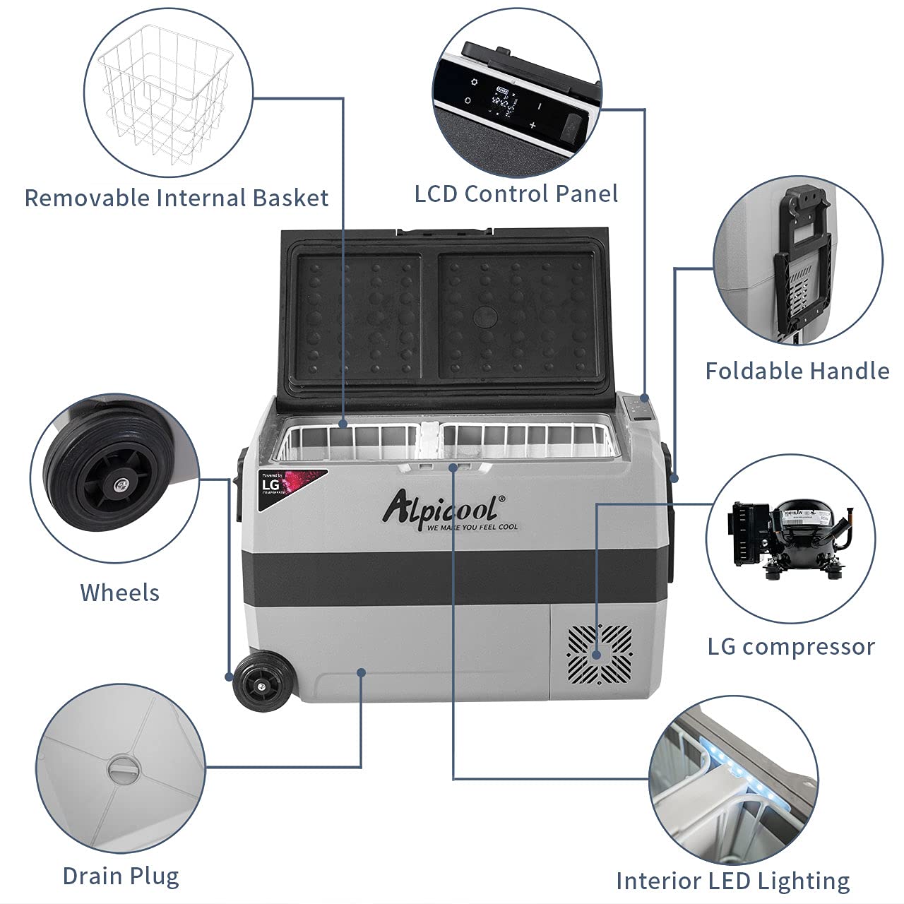 Alpicool LGT50 Dual Temperature Control 12 Volt Refrigerator 53 Quart Portable Car Fridge Freezer (-4°F~68°F) for Truck, RV, Boat, Camping and Travel