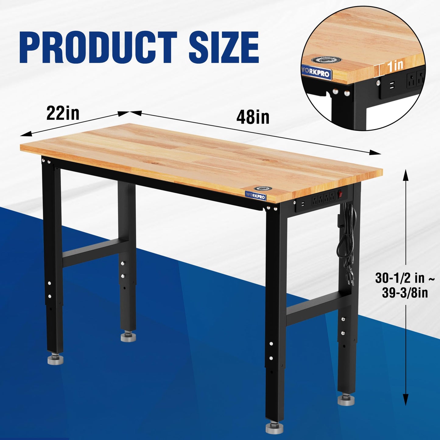 WORKPRO Adjustable Garage Workbench, 48"x22" Rubber Wood Top Heavy-Duty Work Desk with Power Outlets, Leveling Foot, 5 Heights, 1500 LBS Load Capacity Work Benches for Garage, Workshop