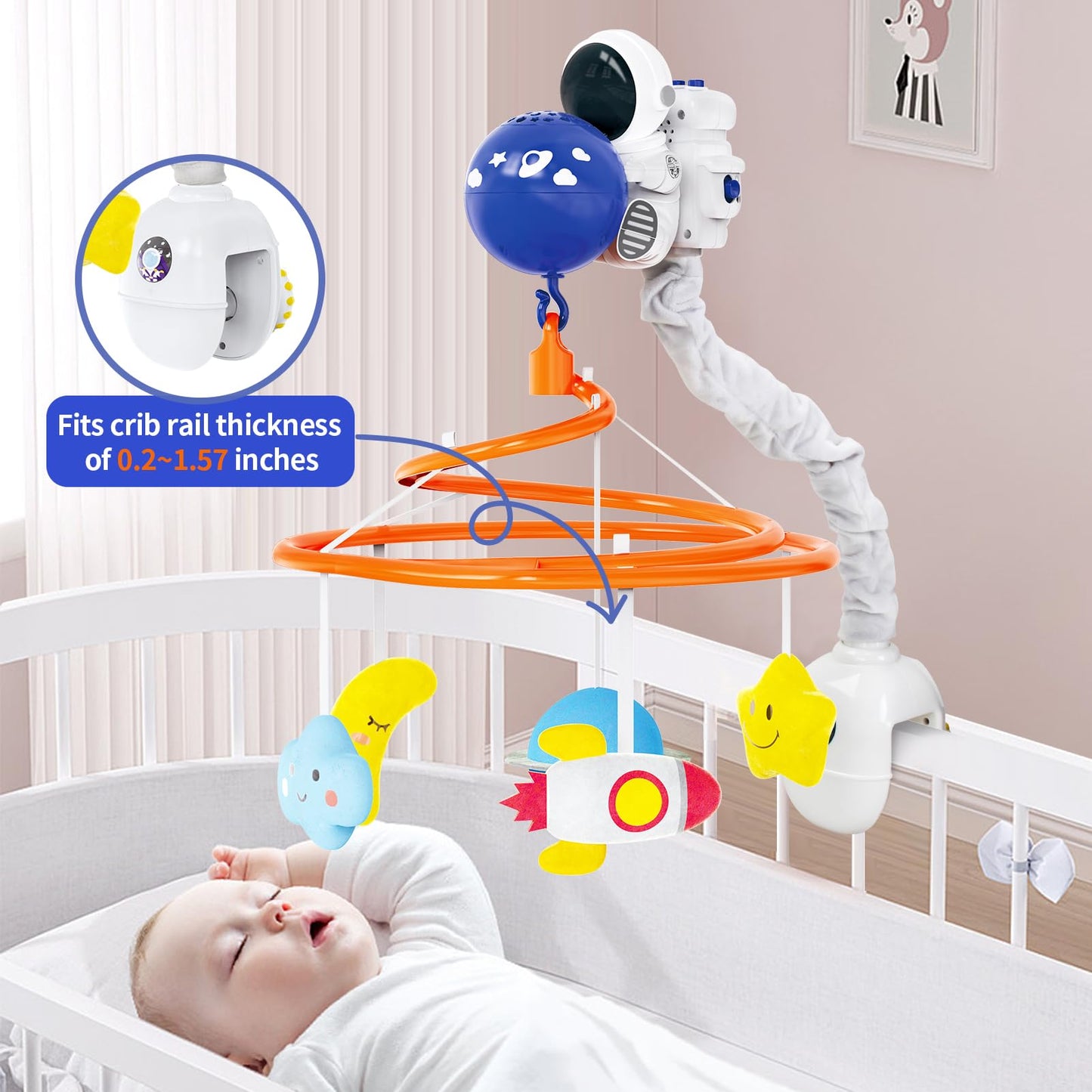 Baby Crib Mobile with Music and Lights, Space Baby Mobile for Crib with Remote Control, Spaceman Nursery Decor Hanging Plush Crib Toys for Newborn Boys and Girls Infant Babies 0-6-12 Months