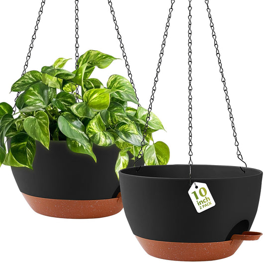 GARDIFE Hanging Planters for Indoor Outdoor Plants, 2 Pack Self Watering Hanging Pot with Drainage Holes & Removable Tray (Black, 10 inch)