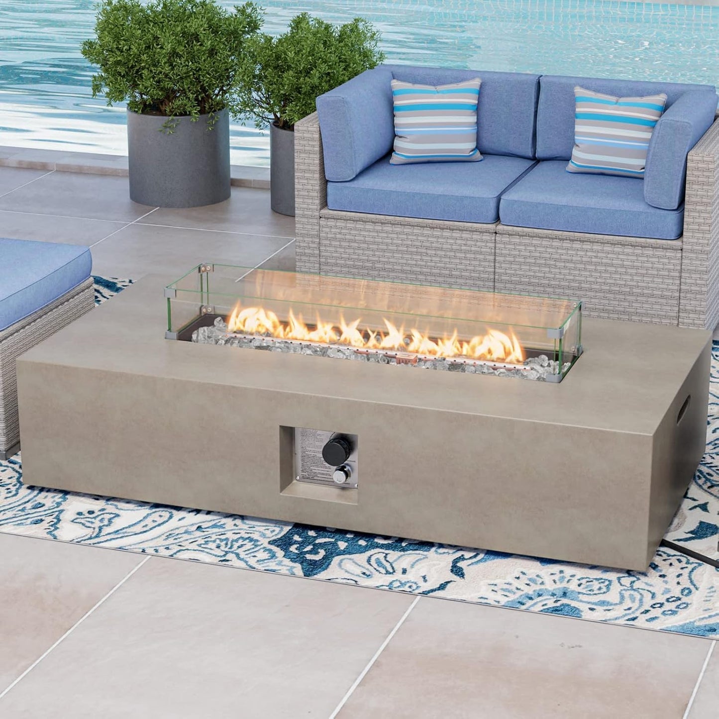 COSIEST Outdoor Propane Fire Pit Table, 56-inch x 28-inch Rectangle Gray Concrete-Like Finish, Certified, 50,000 BTU Stainless Steel Burner w Transparent Gray Fire Glass, Wind Guard, Raincover