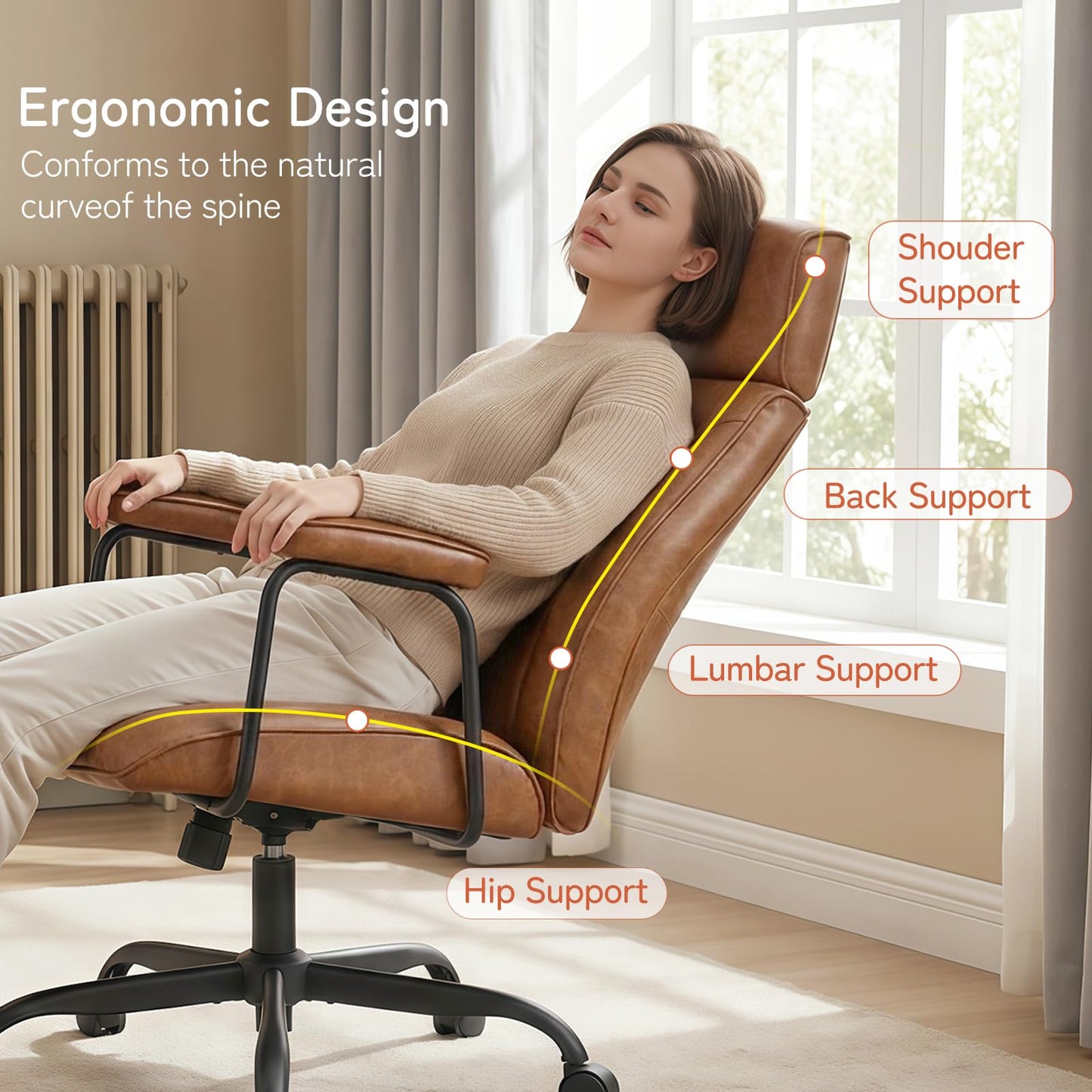 Furniliving Leather Office Chair with Adjustable Headrest, Mid-Century Modern High-Back Office Desk Chair, Ergonomic Computer Chair with Wheels, Armrests, Lumbar Support, Brown