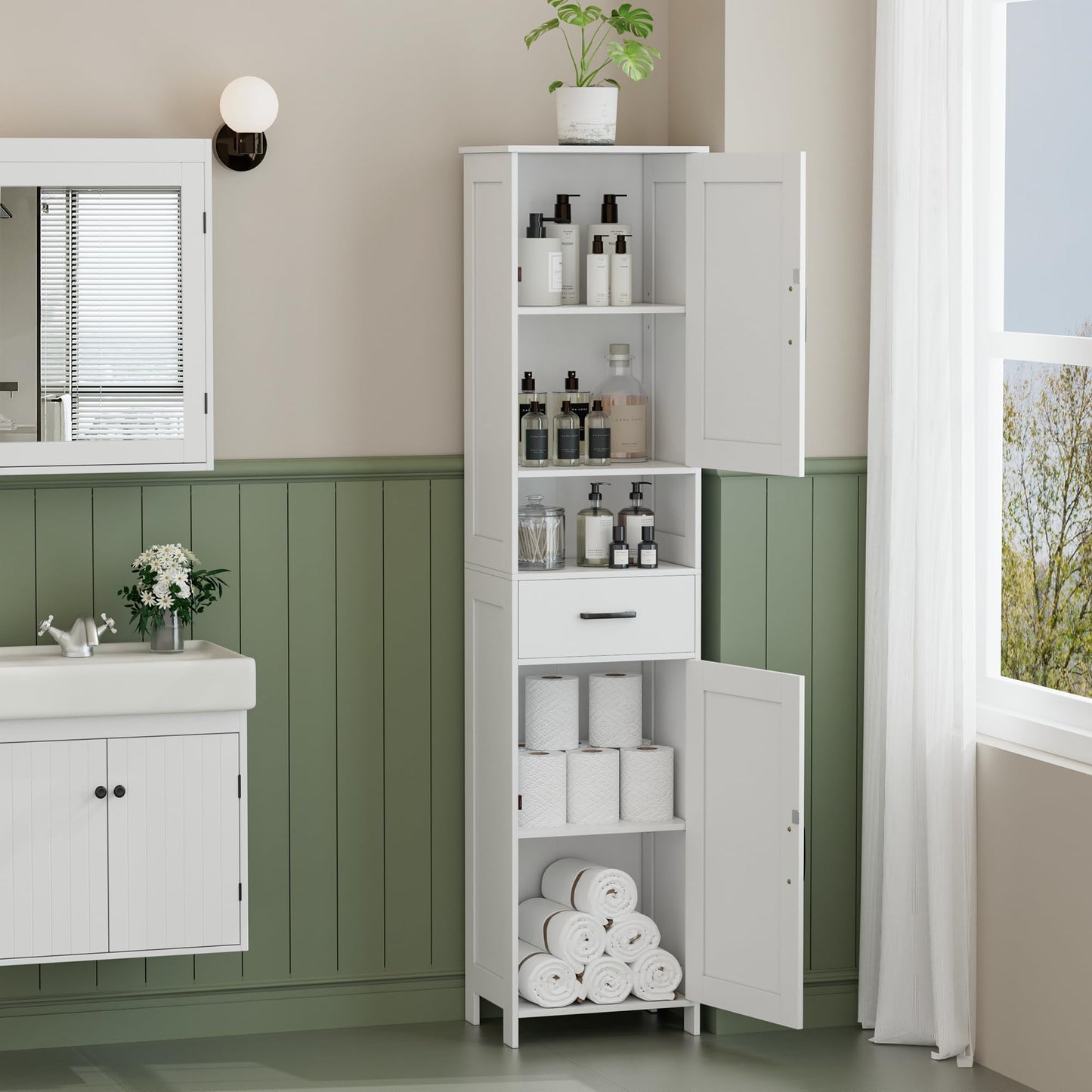 Homhedy 67" H Tall Bathroom Storage Cabinet with 2 Barn Doors and 1 Drawer, Narrow Storage Unit, Adjustable Shelves, Floor Cabinet for Bathroom, Living Room, Entryway, Kitchen, White, (15.7" W)