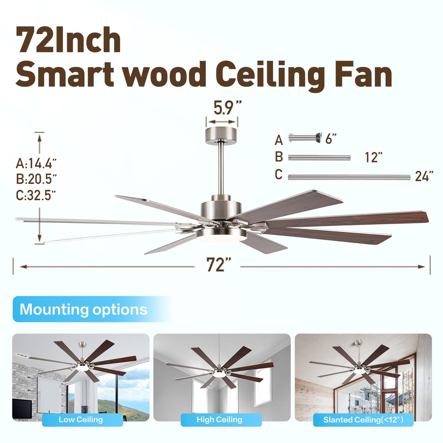 Minislak 72Inch Large Brushed Nickel Ceiling Fans with Light and Remote Control,8 Wooden Blades,6-Speeed,3CCT,Quiet Reversible DC Motor,Indoor Outdoor Ceiling Fan for Patio/Living Room/Garden