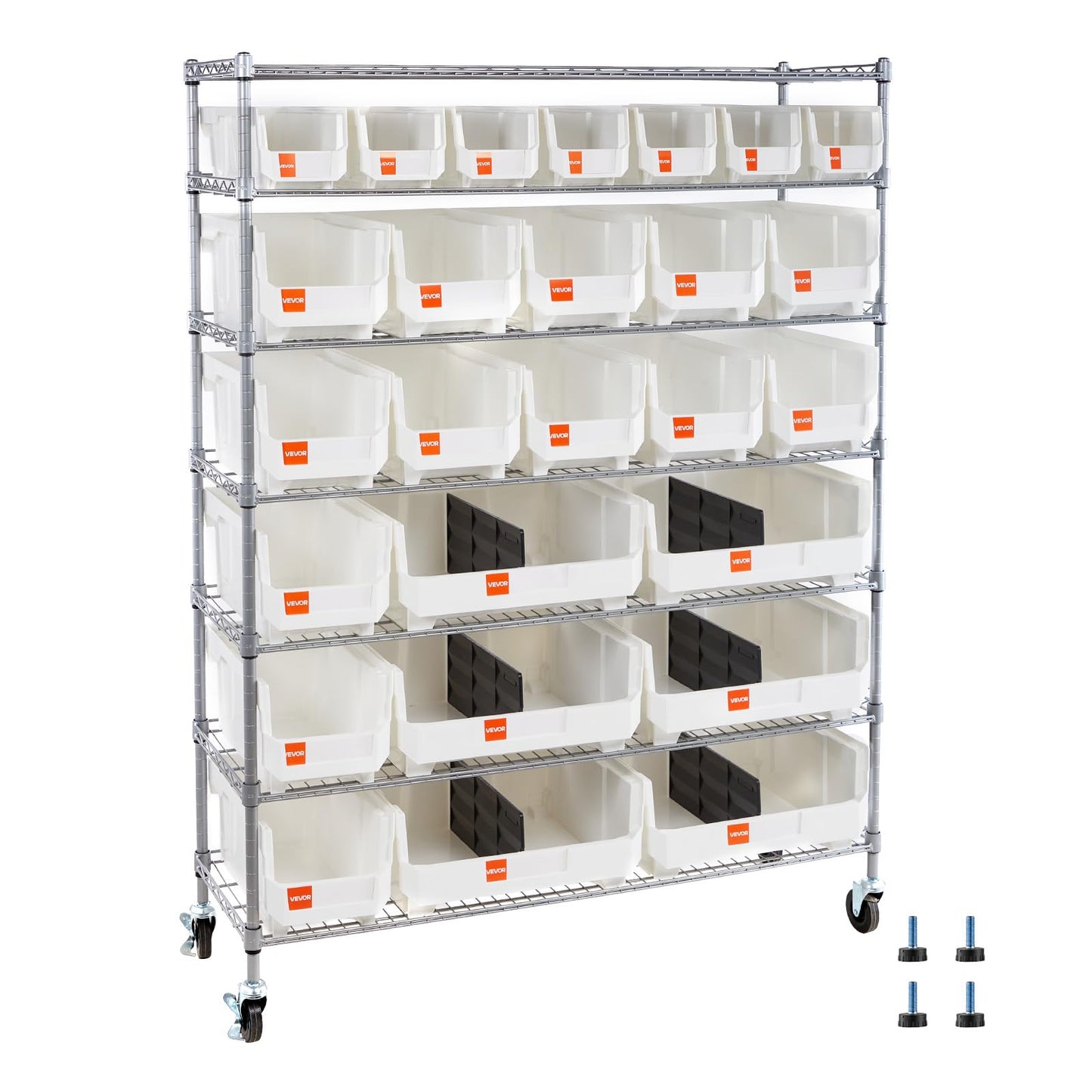 VEVOR 7-Tier Rolling Bin Storage Rack, 26 Organizer Bins, Bin Rack Storage Steel Wire Shelving System with Wheels, Mobile Tool Organizer for Garage, Warehouse, Office, Restaurant, Classroom, Kitchen