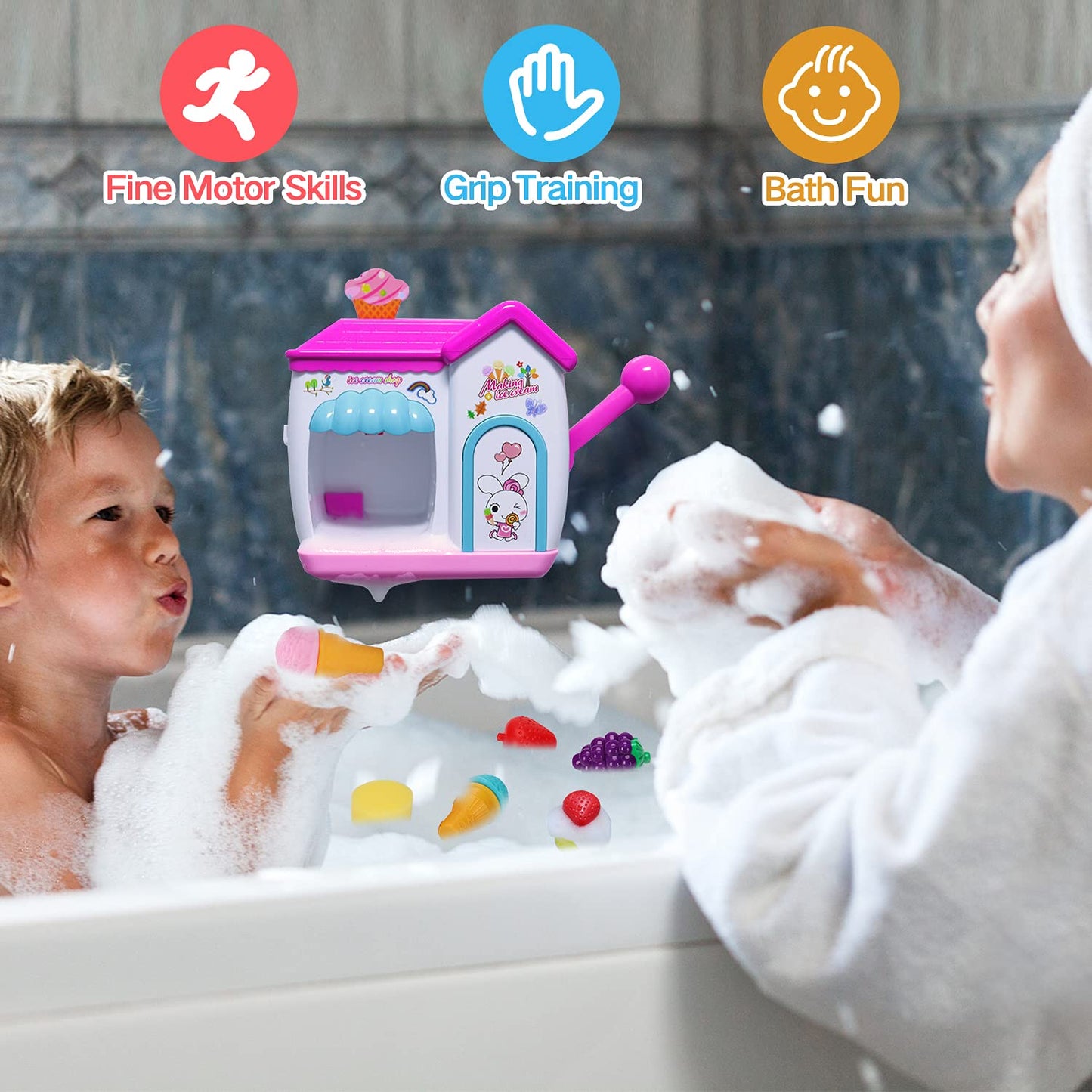 AugToy Bath Toys for Toddlers 3-5 Years, Ice Cream Foam Maker Bath Toys for Kids Ages 4-8, Bubble Pretend Cake Play Set Bathtub Water Toys Age 3 4 5 Year Old Girls Boys Holiday Birthday Gifts Idea