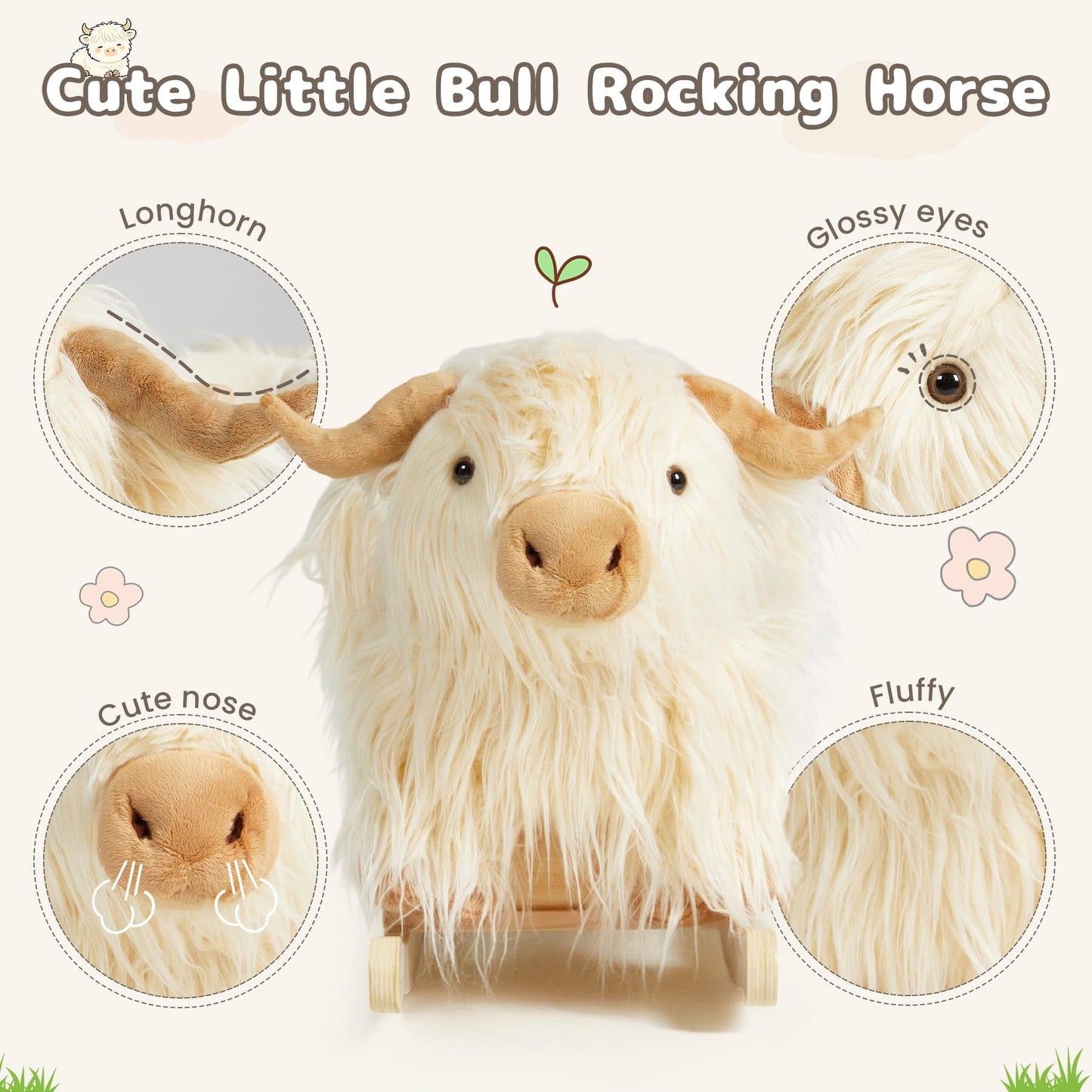 Baby Rocking Horse,Highlander Cattle Toddler Rocking Toy for 1+ Year Old Cute White Cow Stuffed Cow Rocker Toy Rocking Animal for Baby Boys and Girls Nursery/Child Christmas or Birthday Gift