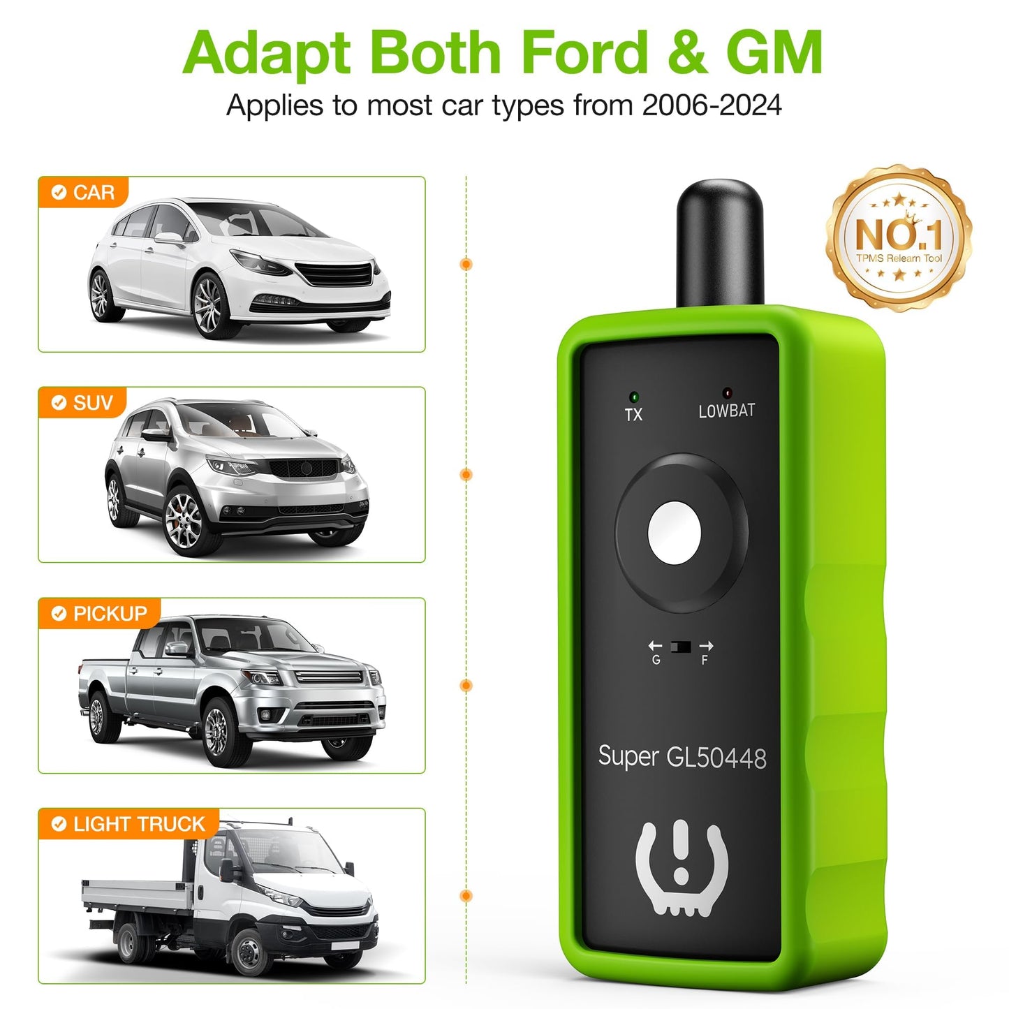 VXDAS 2IN1 TPMS Relearn Tool Super GL50448 for GM and Ford with Model Switch Button,Tire Pressure Sensor Monitor Rest Activation for Buick/Cadillac/Chevrolet/GMC/Lincoln/Mazda 2024 Edition(Green)